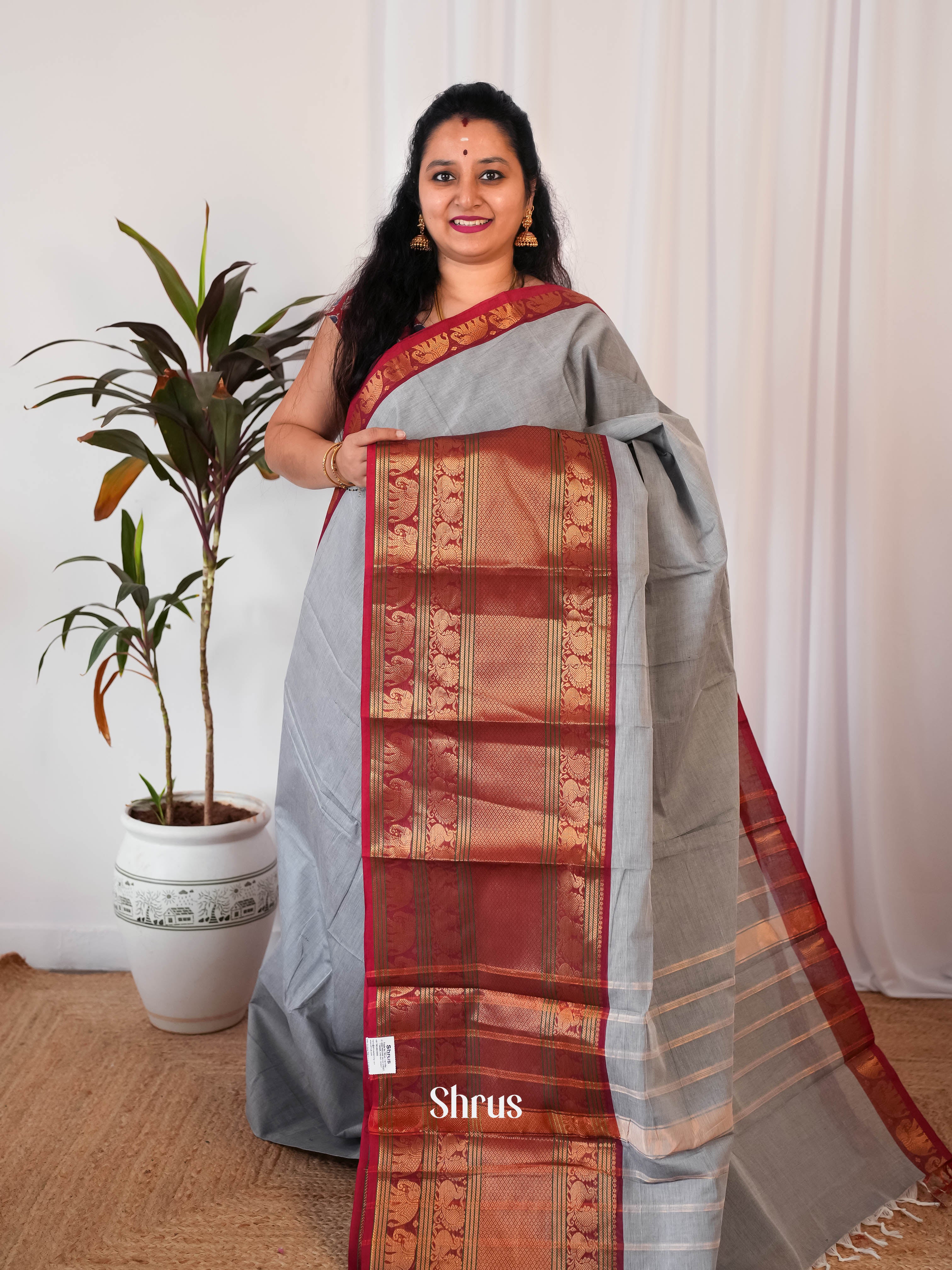 Grey & Maroon - Narayanpet Cotton Saree