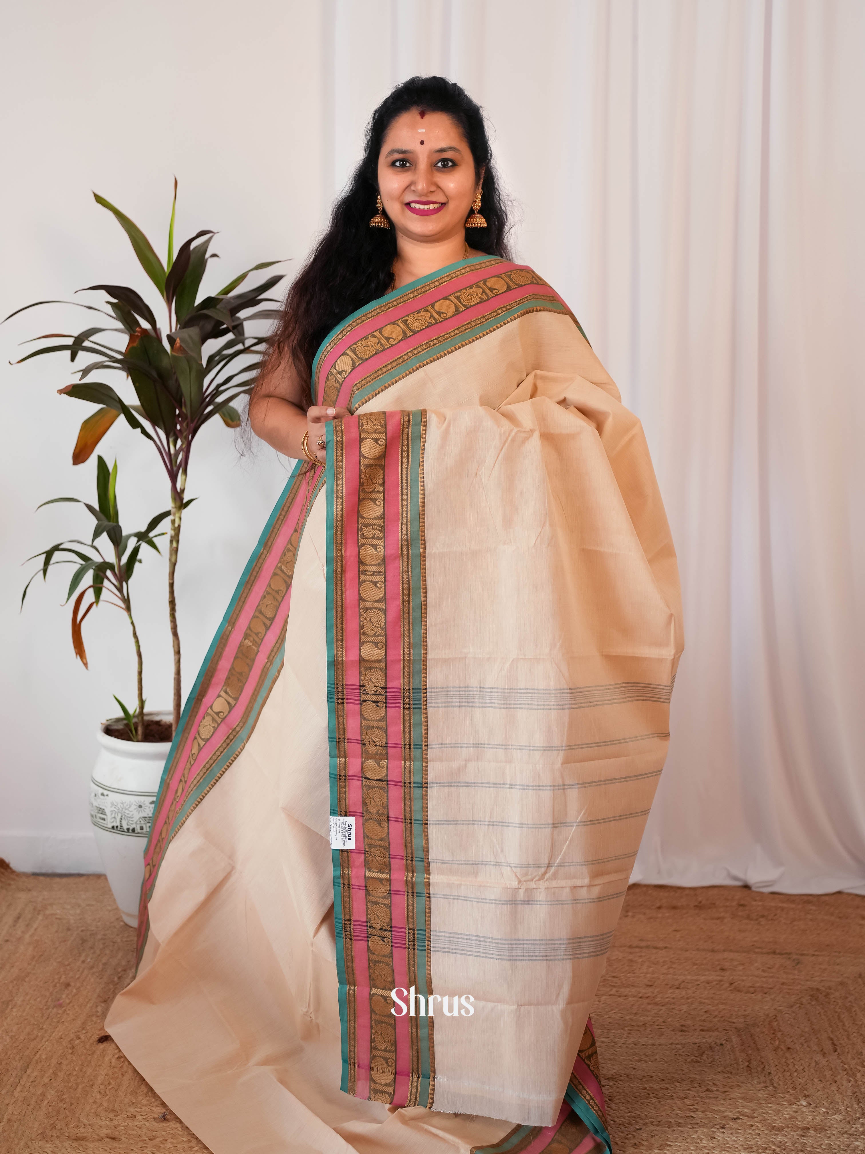 Cream & Blue  - Chettinad Cotton Saree