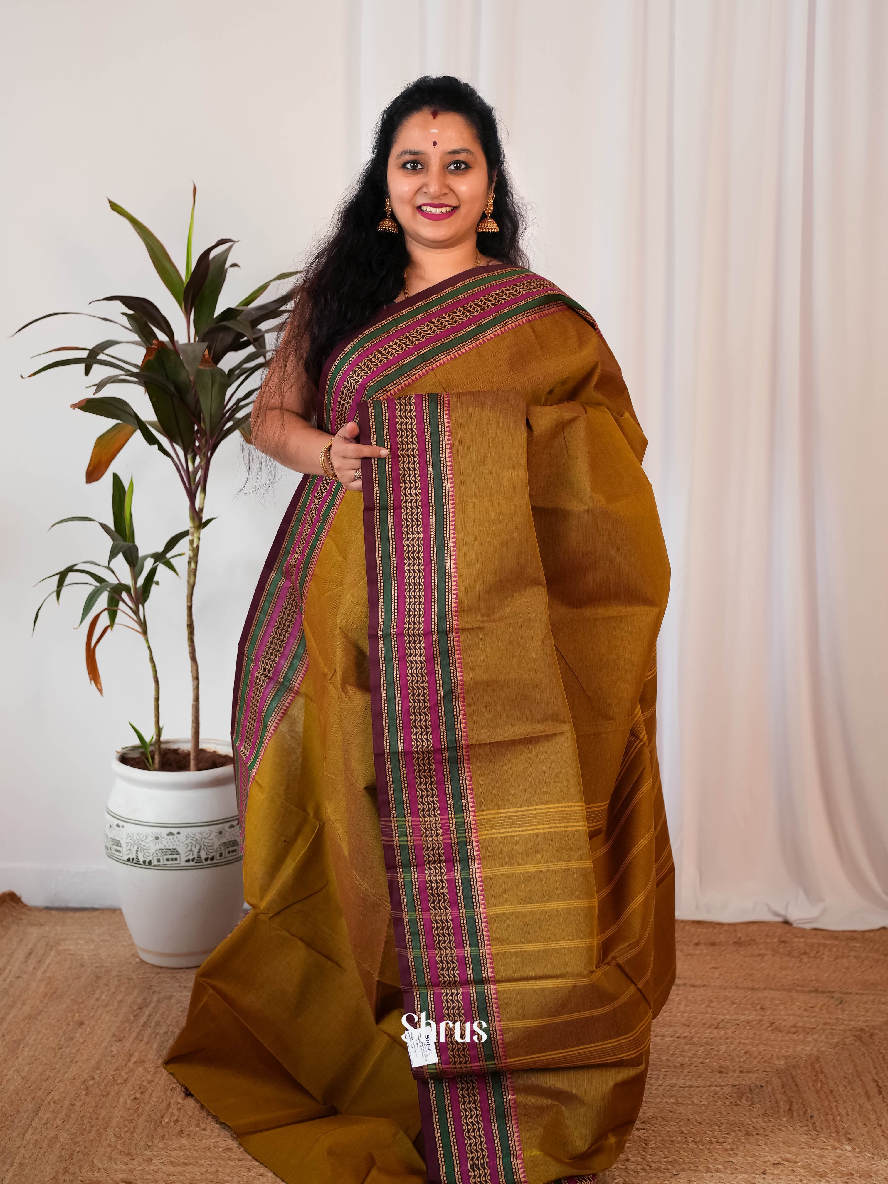 Mehandi & Brown  - Chettinad Cotton Saree