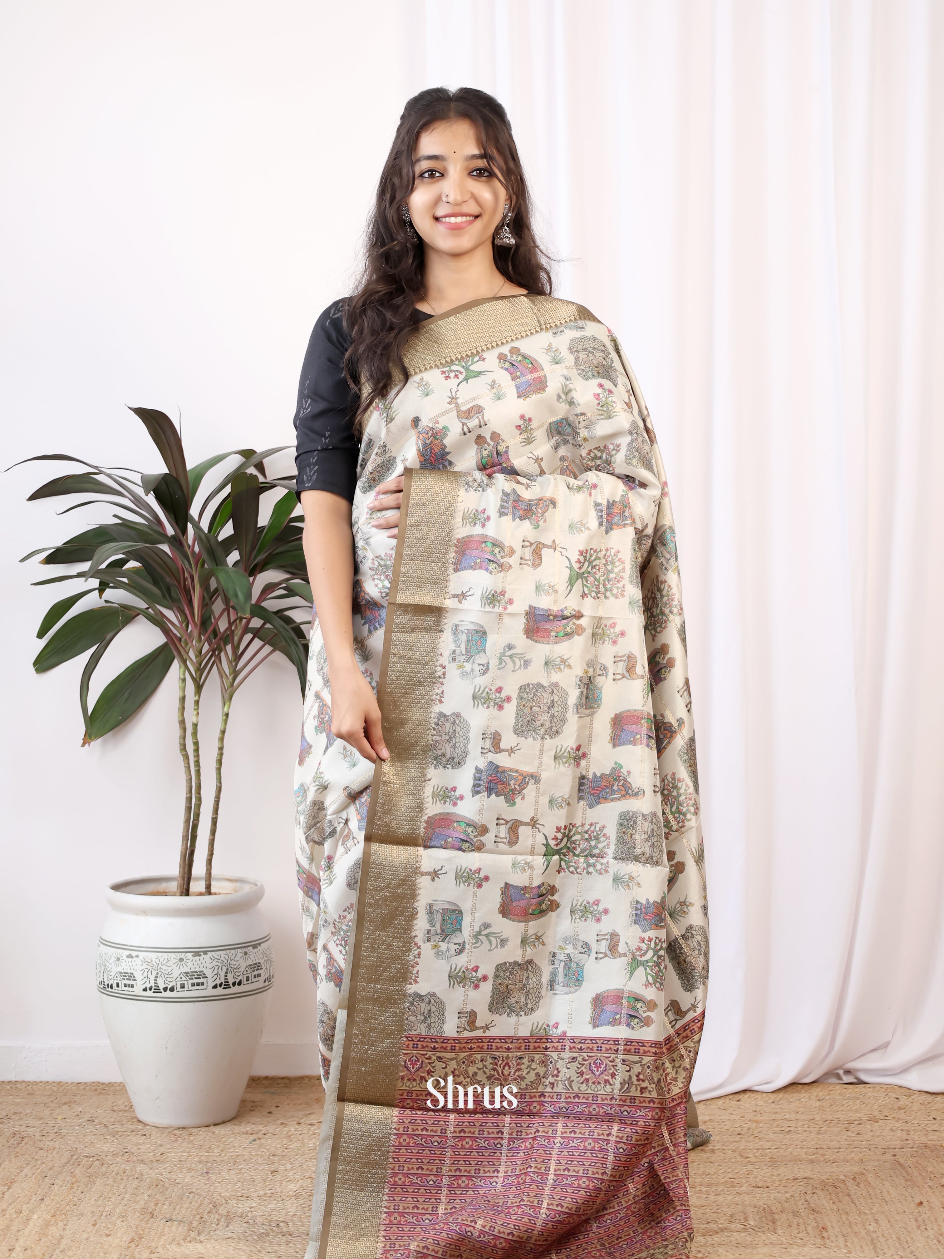 Cream & Brown  - Semi Dola silk Saree