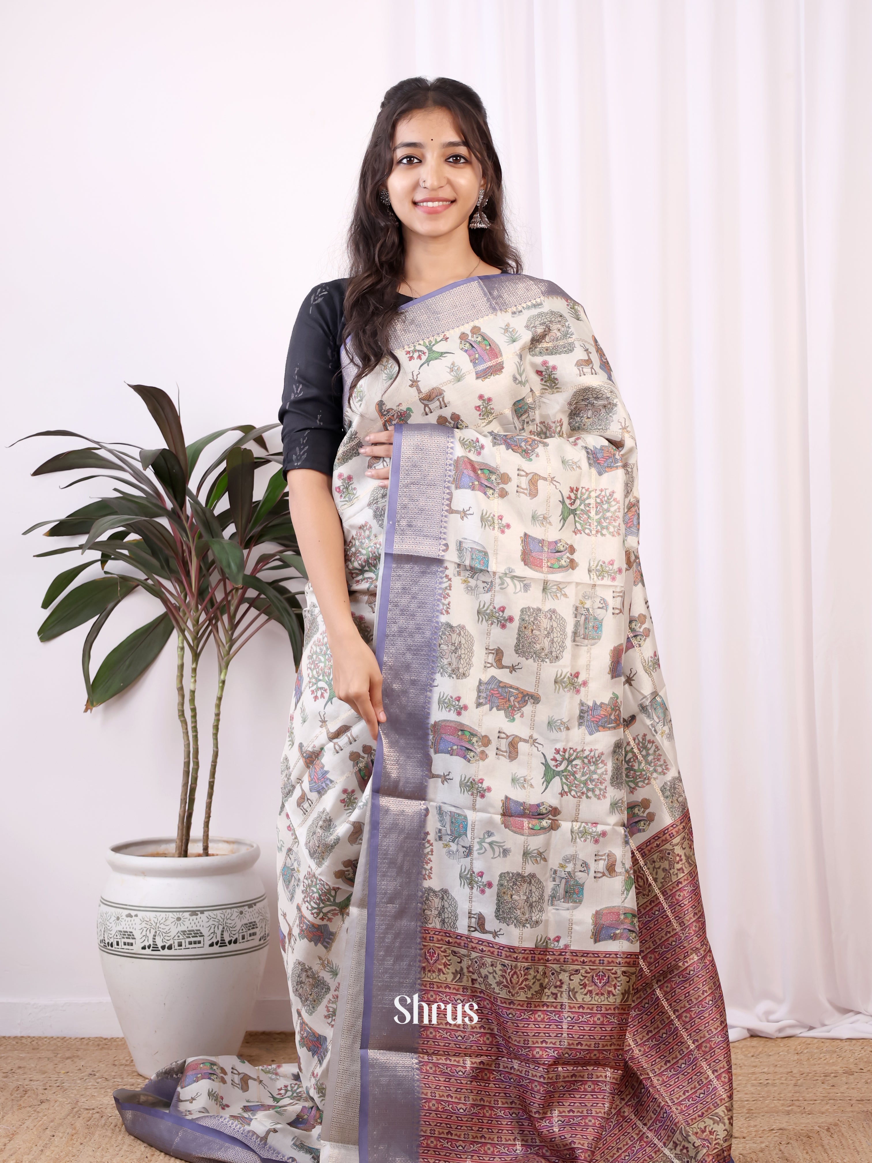 Cream & Purple  - Semi Dola silk Saree