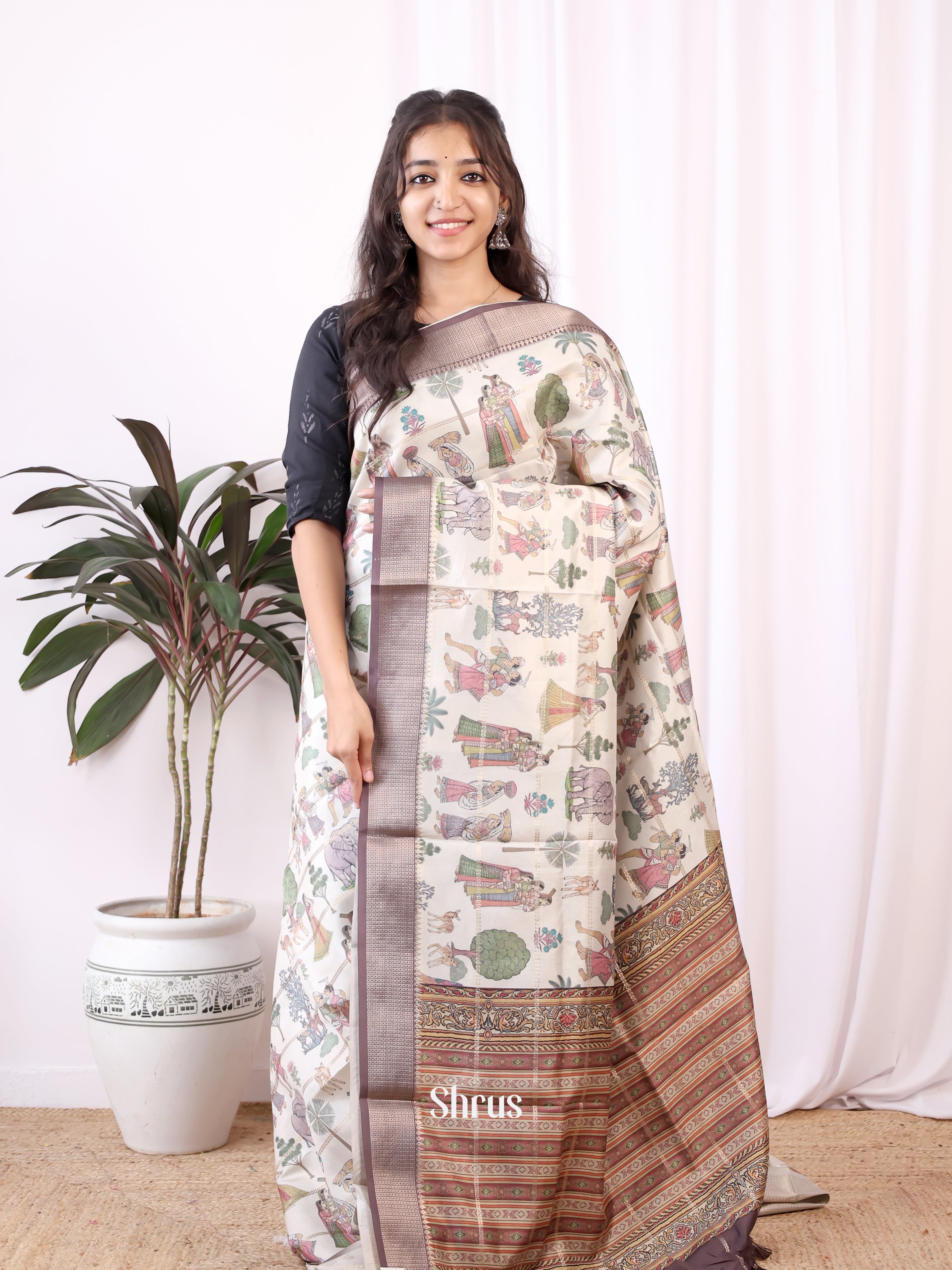 Cream & Brown  - Semi Dola silk Saree