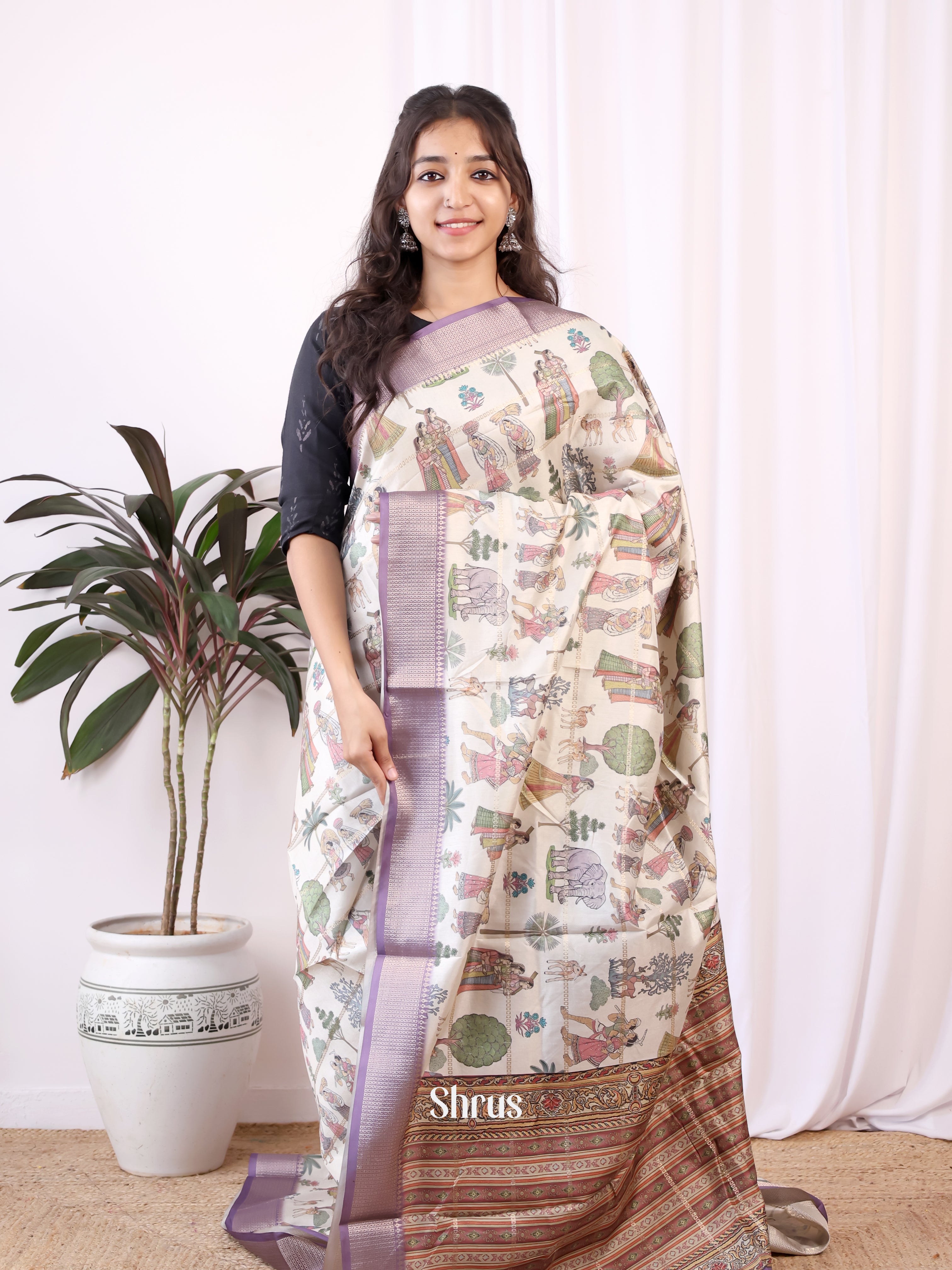 Cream & Purple  - Semi Dola silk Saree