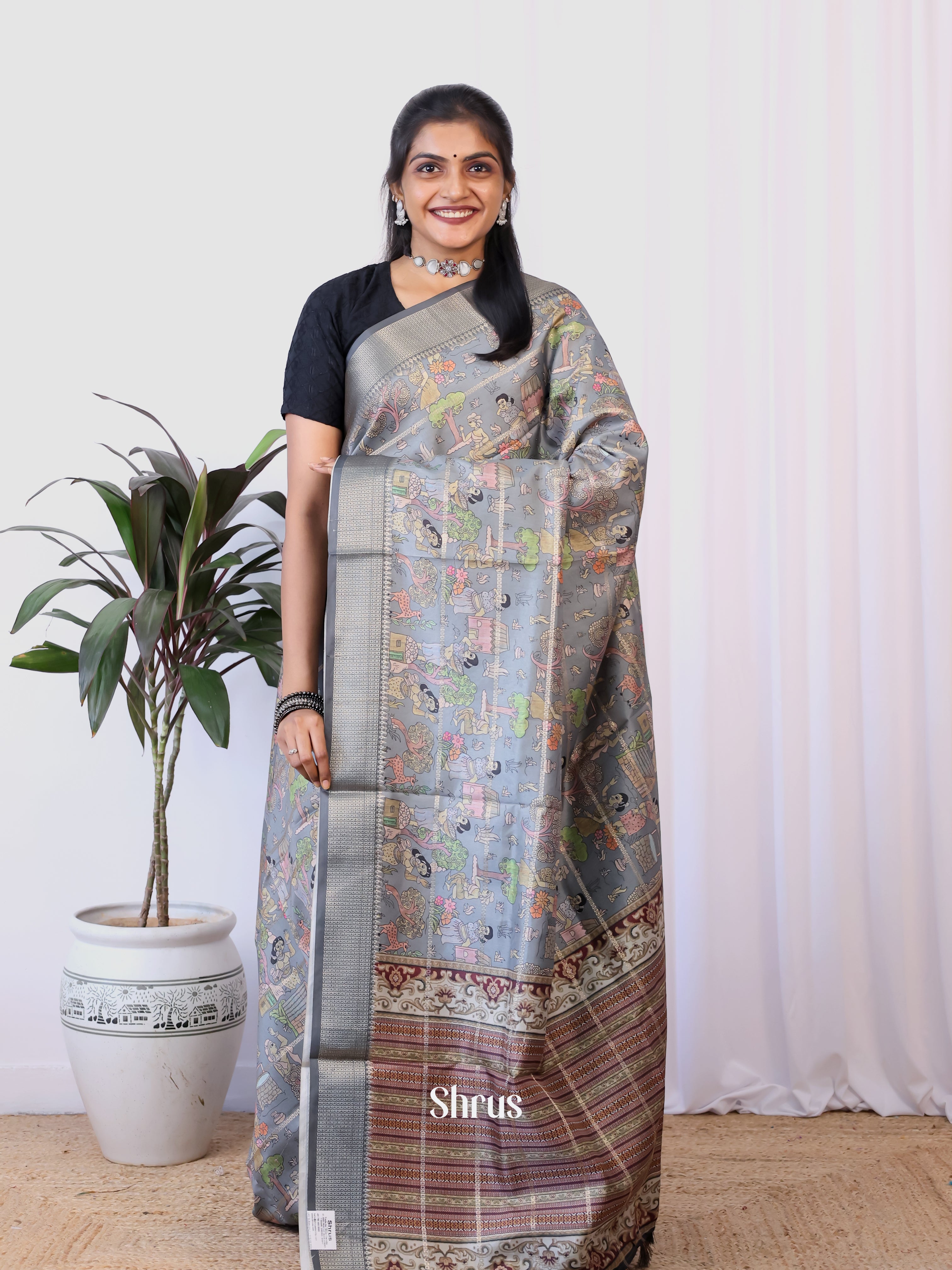 Grey - Semi Dola silk Saree