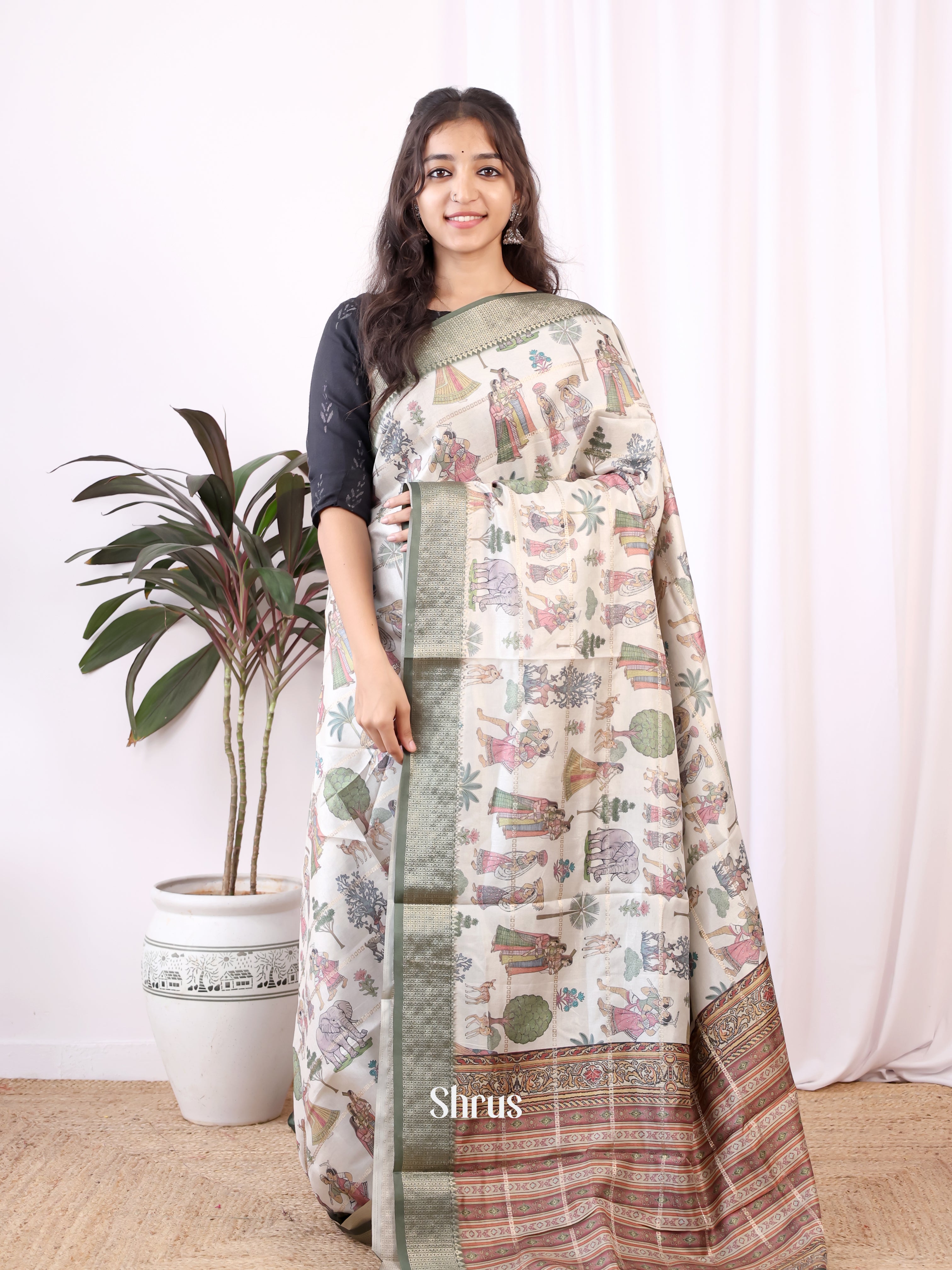 Cream & Green  - Semi Dola silk Saree