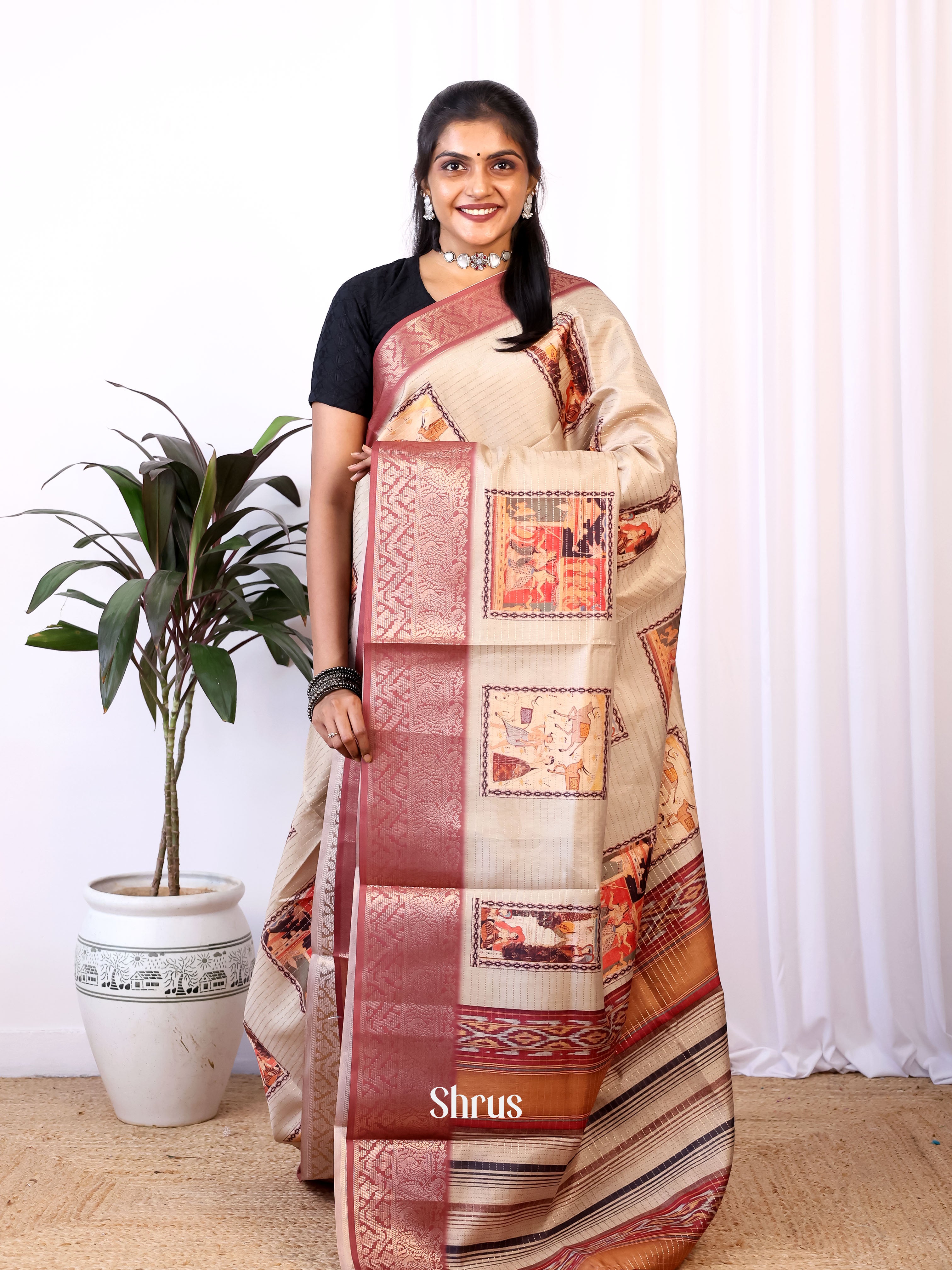 Cream & Brown - Semi Dola silk Saree