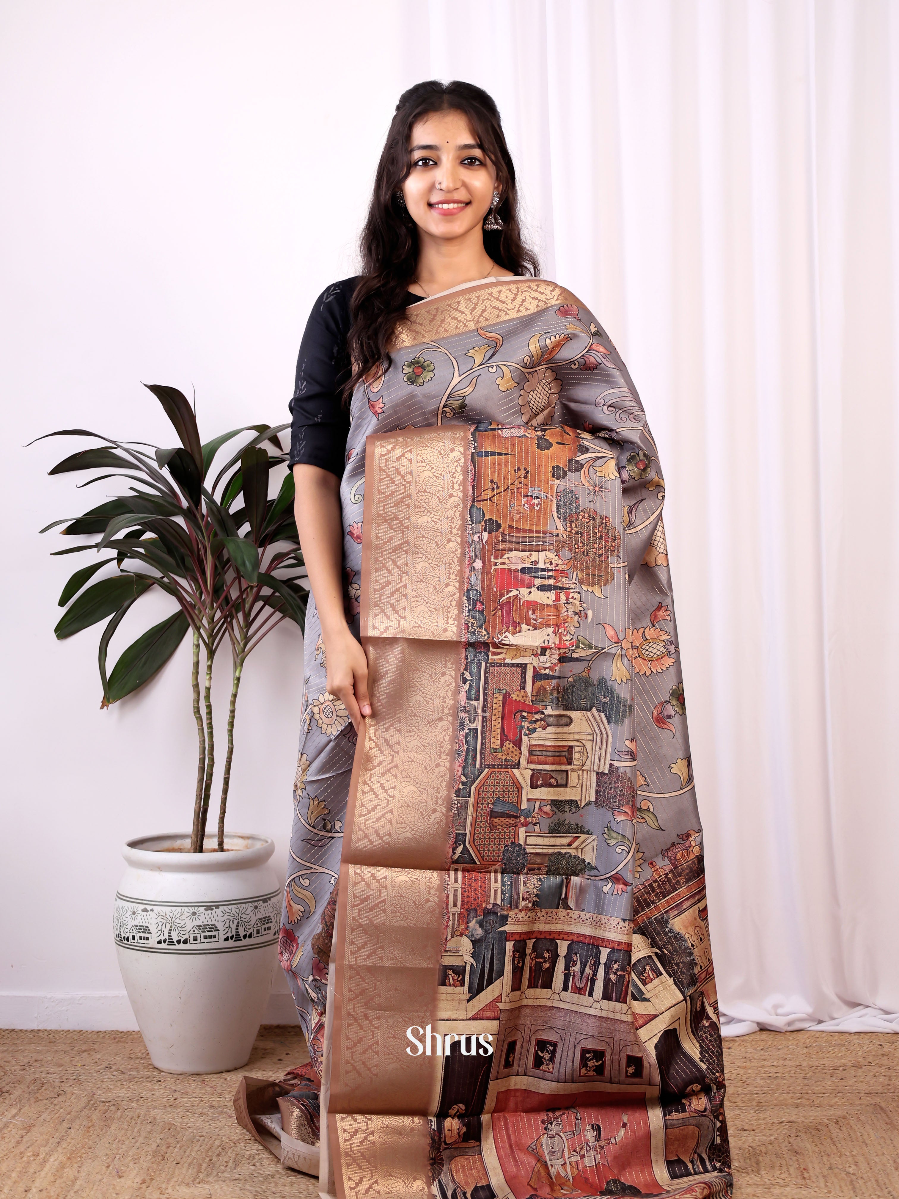 Grey & Brown  - Semi Dola silk Saree