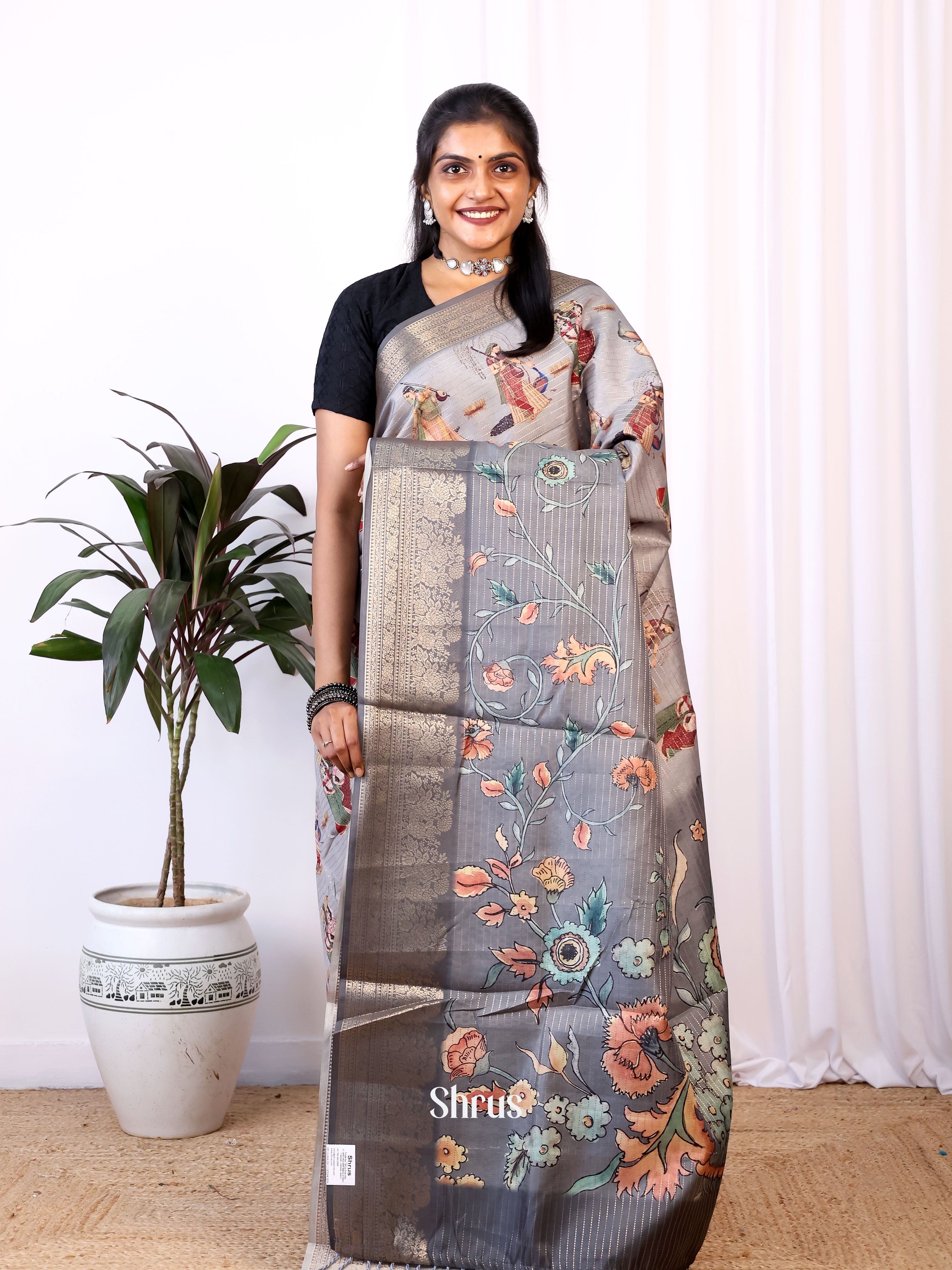 Grey - Semi Dola silk Saree