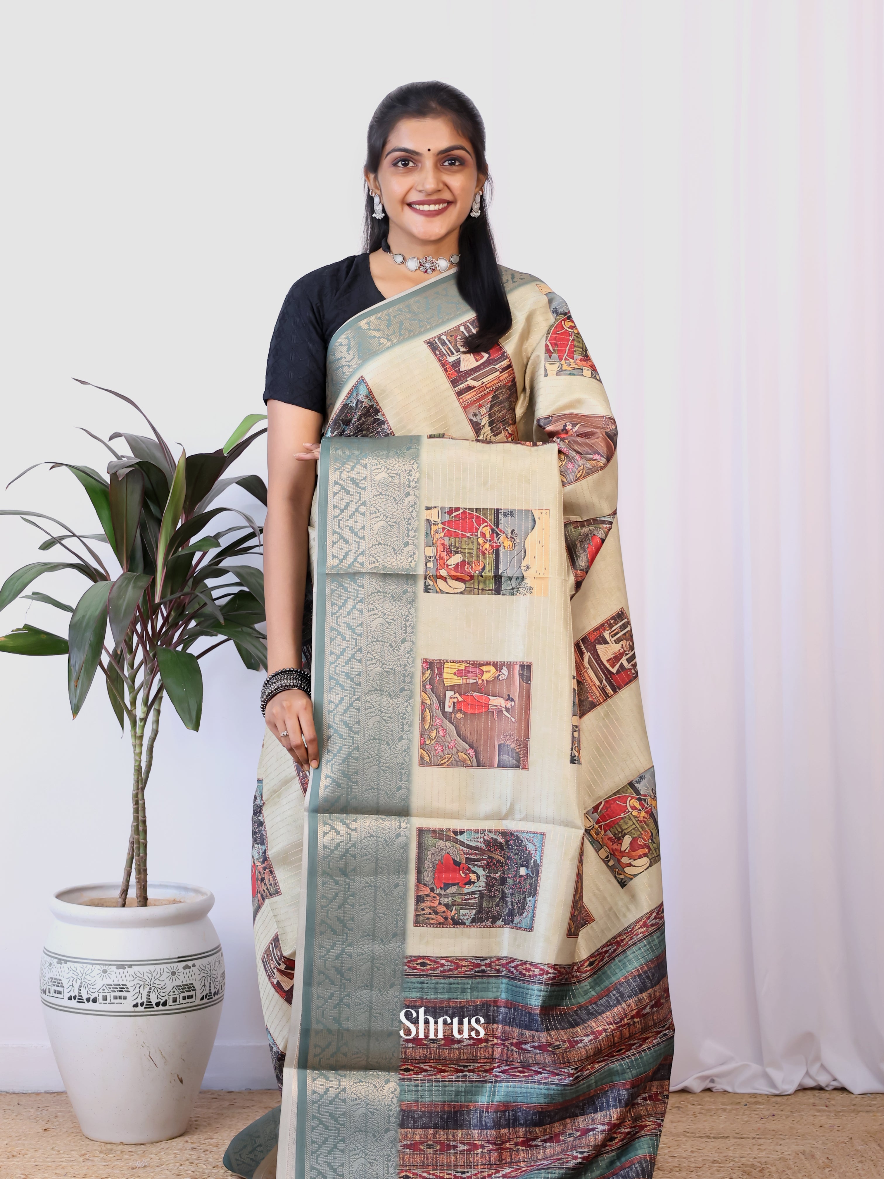 Cream & Grey - Semi Dola silk Saree