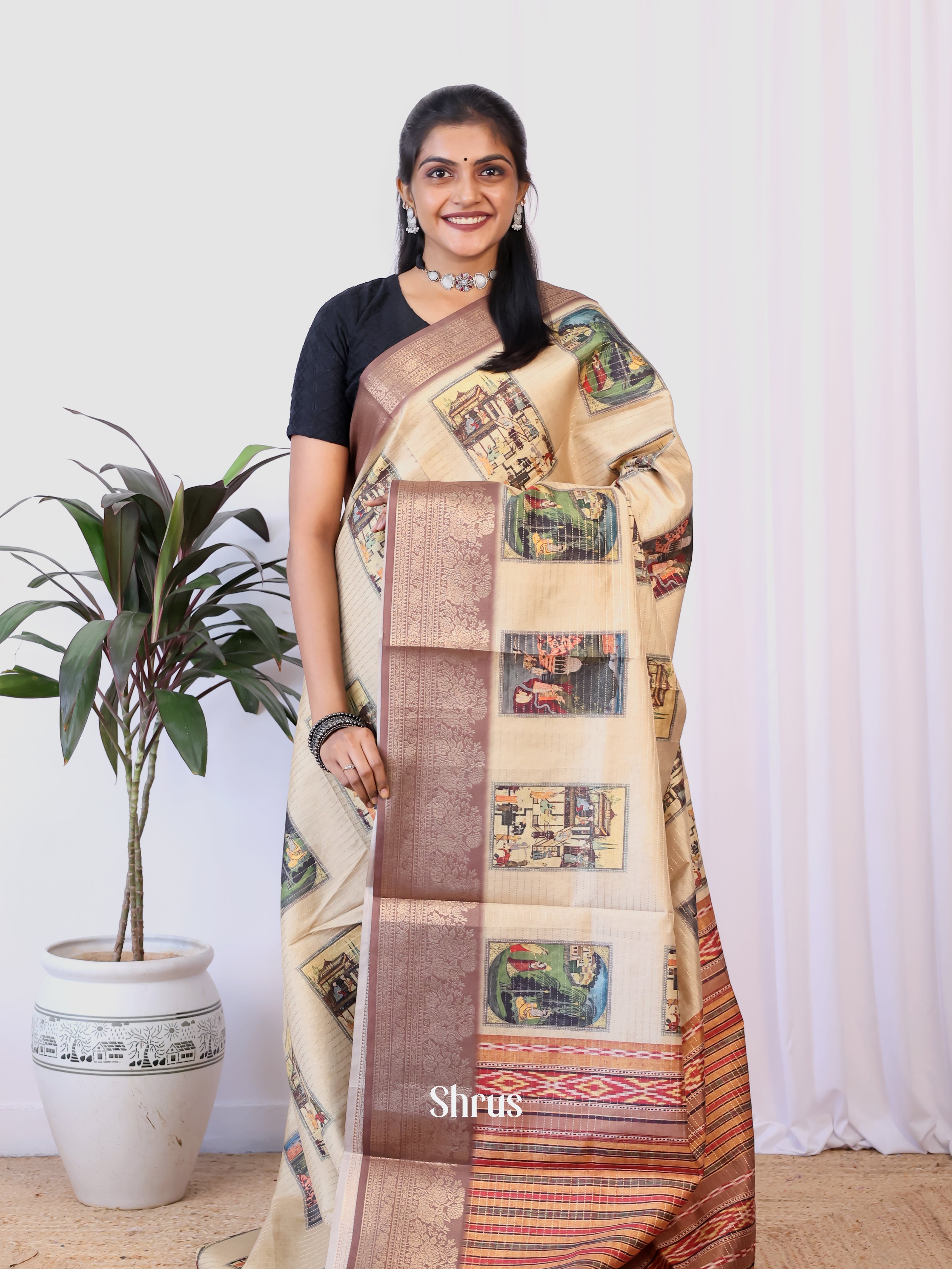 Cream & Brown- Semi Dola silk Saree