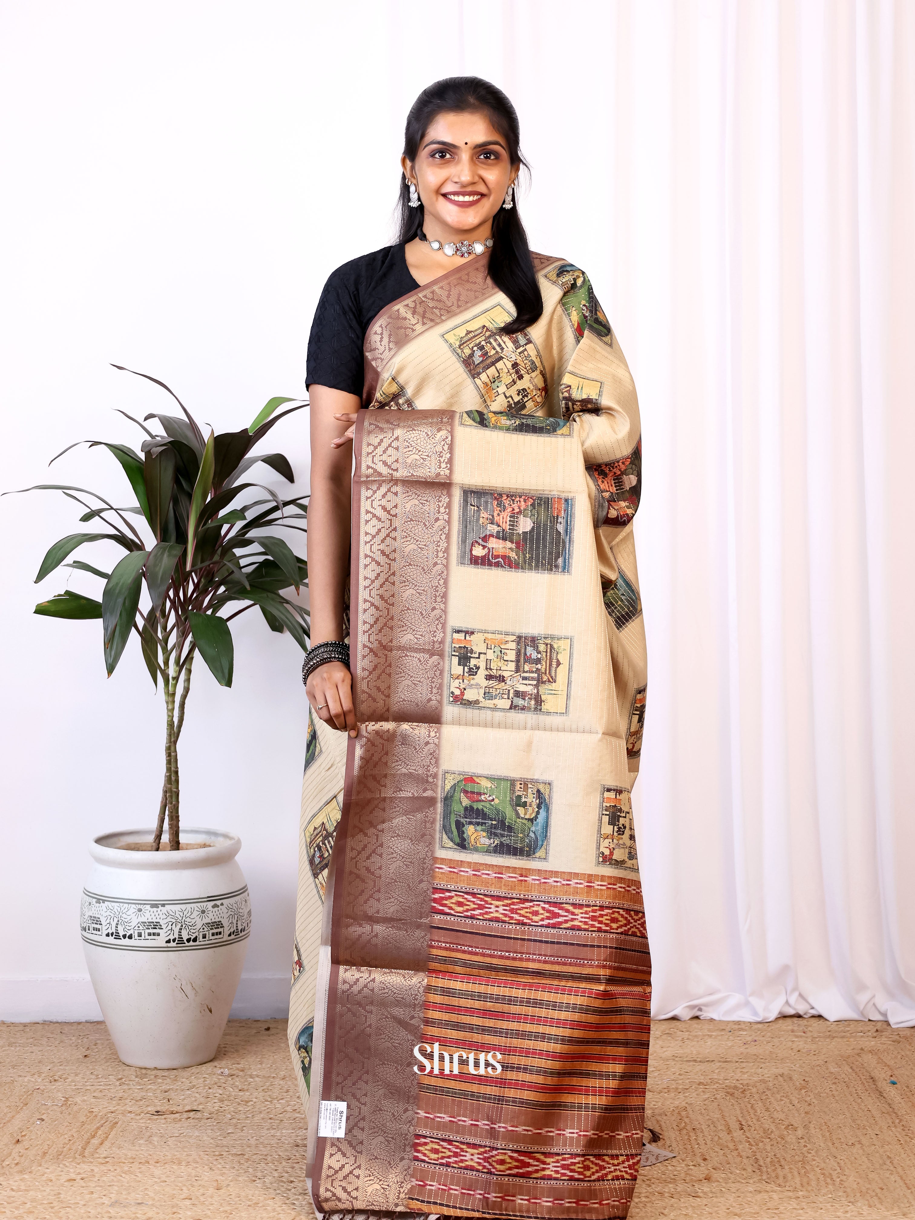 Cream & Brown  - Semi Dola silk Saree