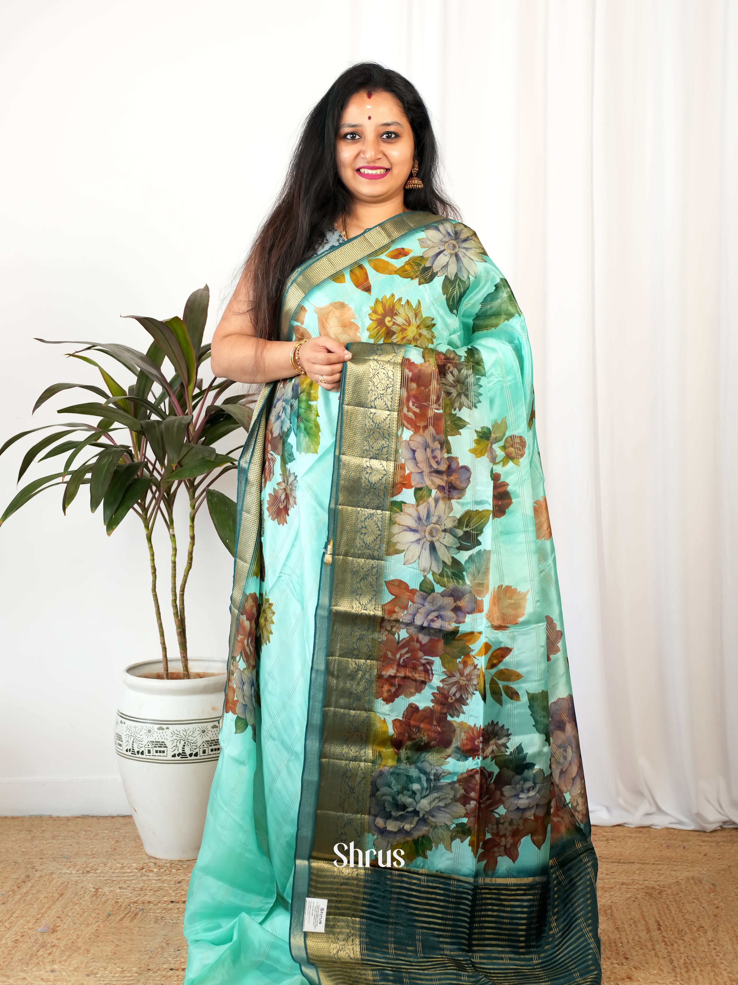 Teal Green & Green - Printed chanderi Saree