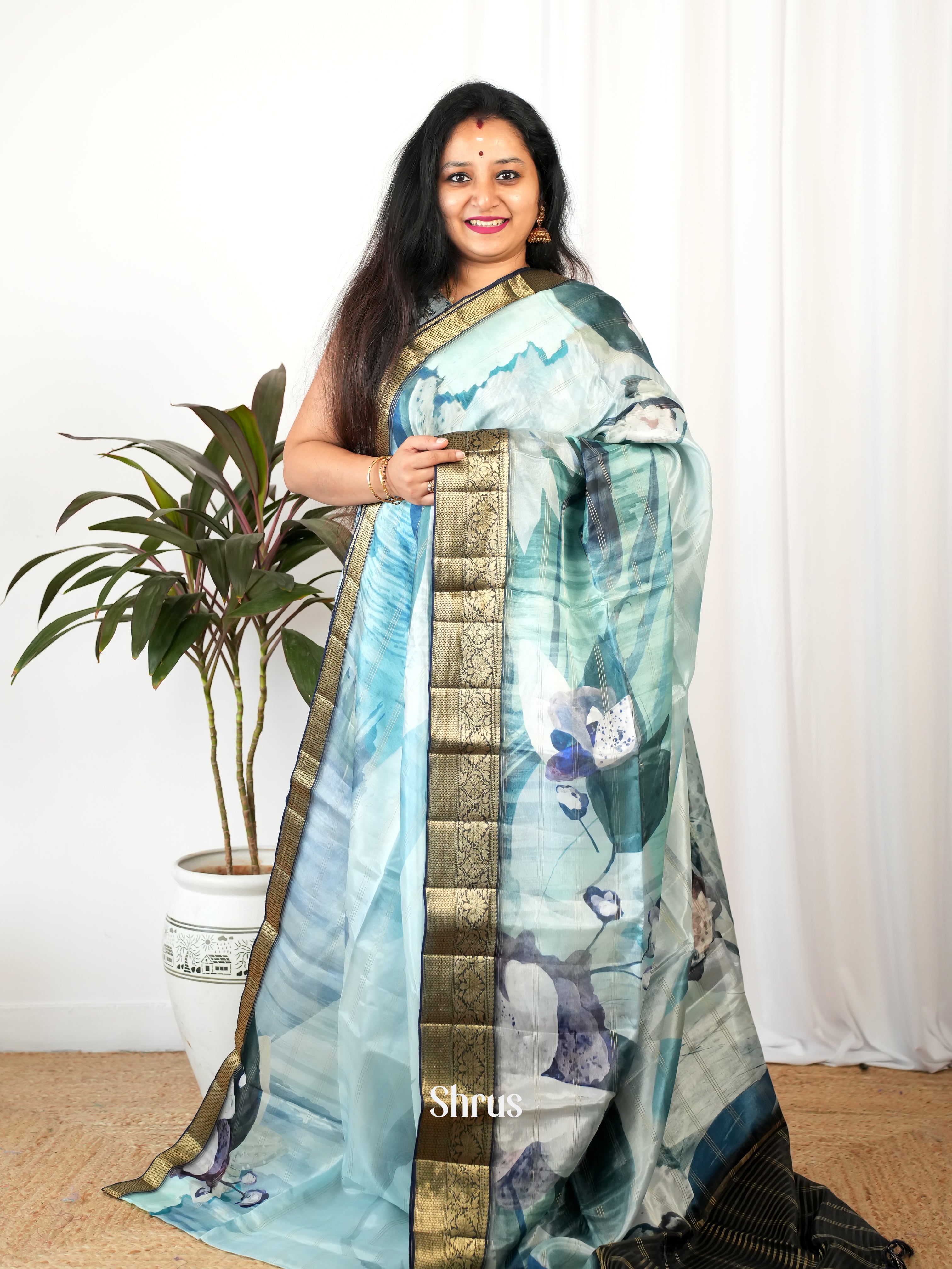 Blue & Black - Printed chanderi Saree