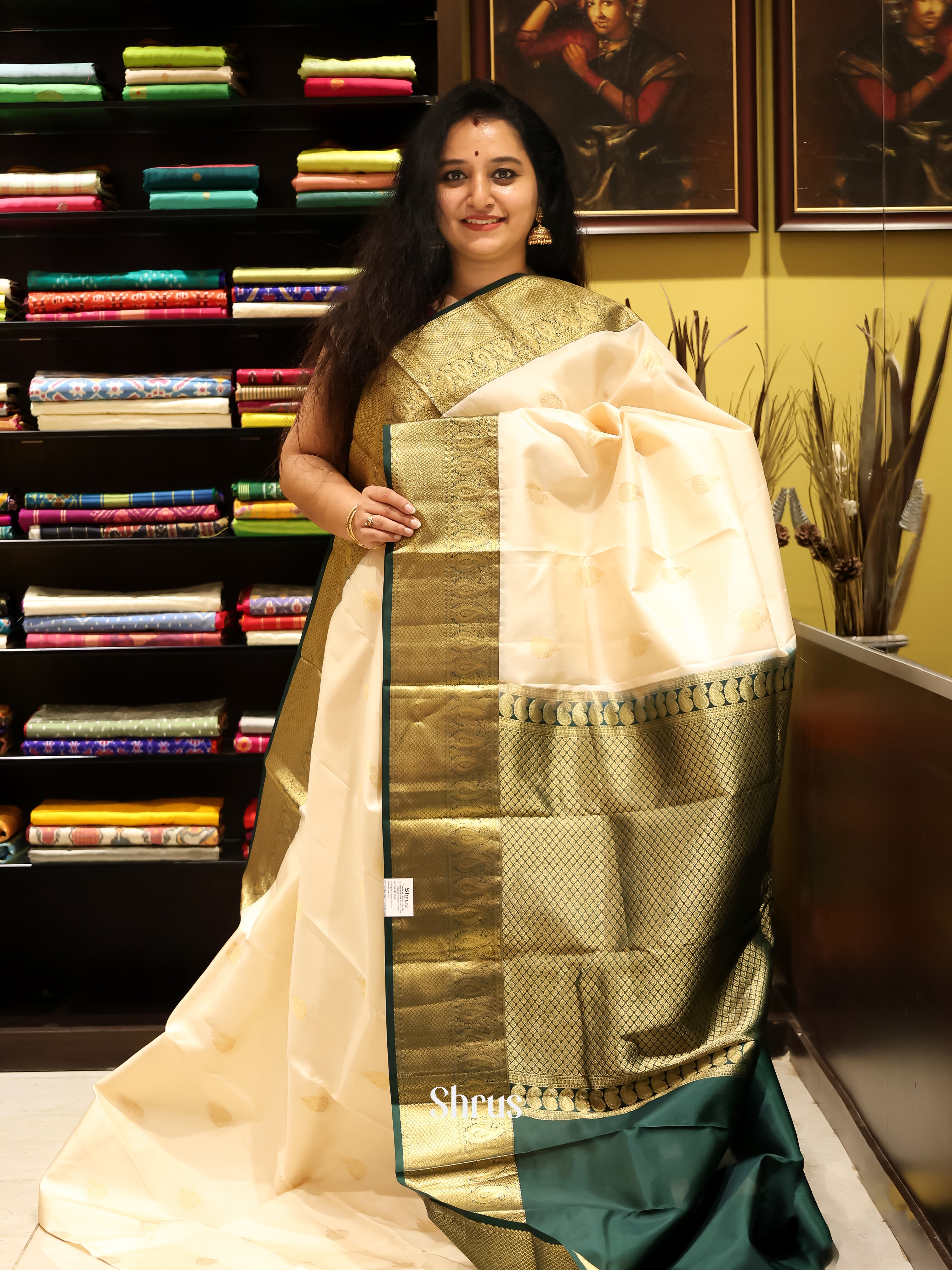 Cream & Green - Kanchipuram silk Saree