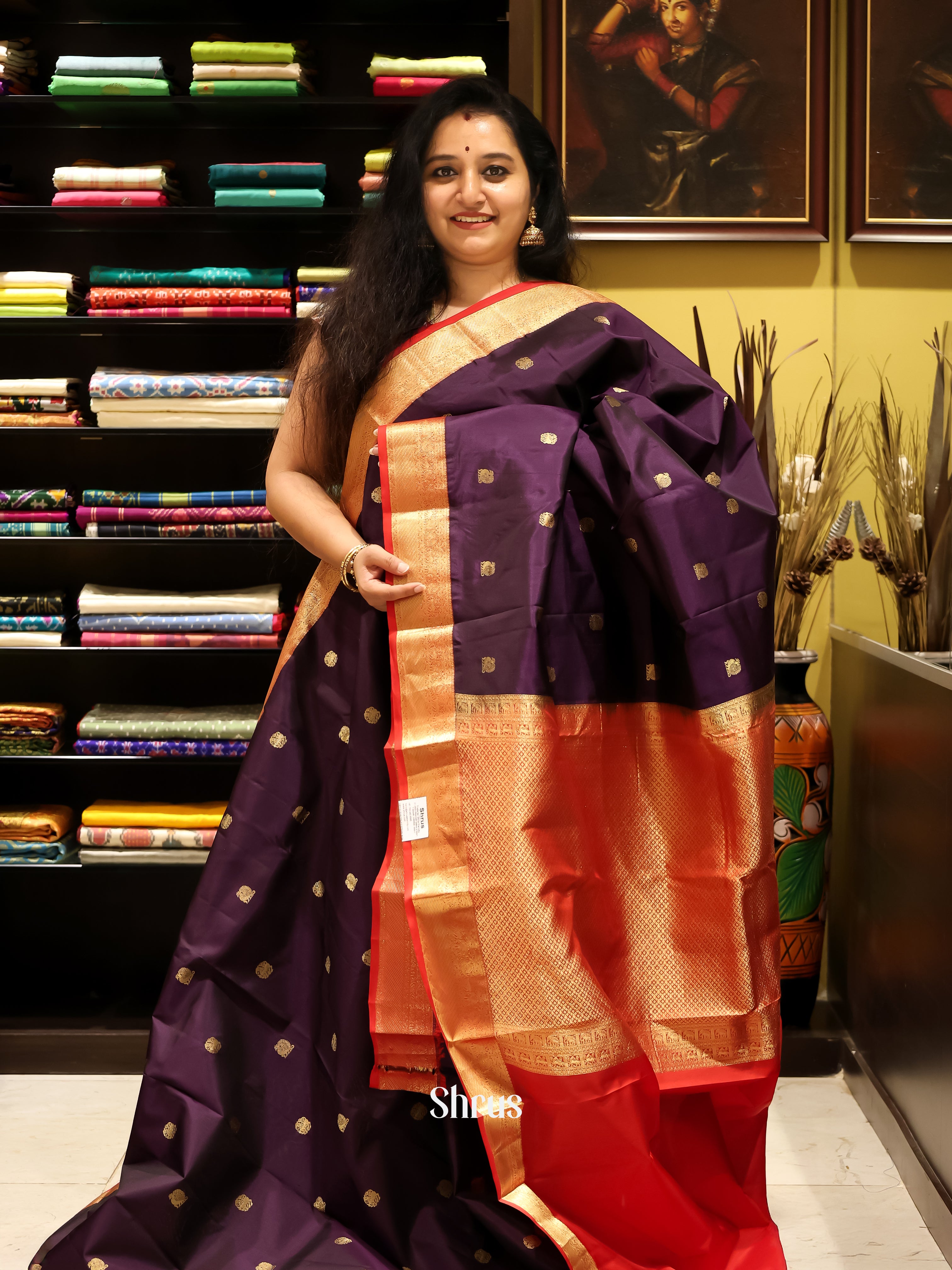 Dark Purple & Red  - Kanchipuram silk Saree