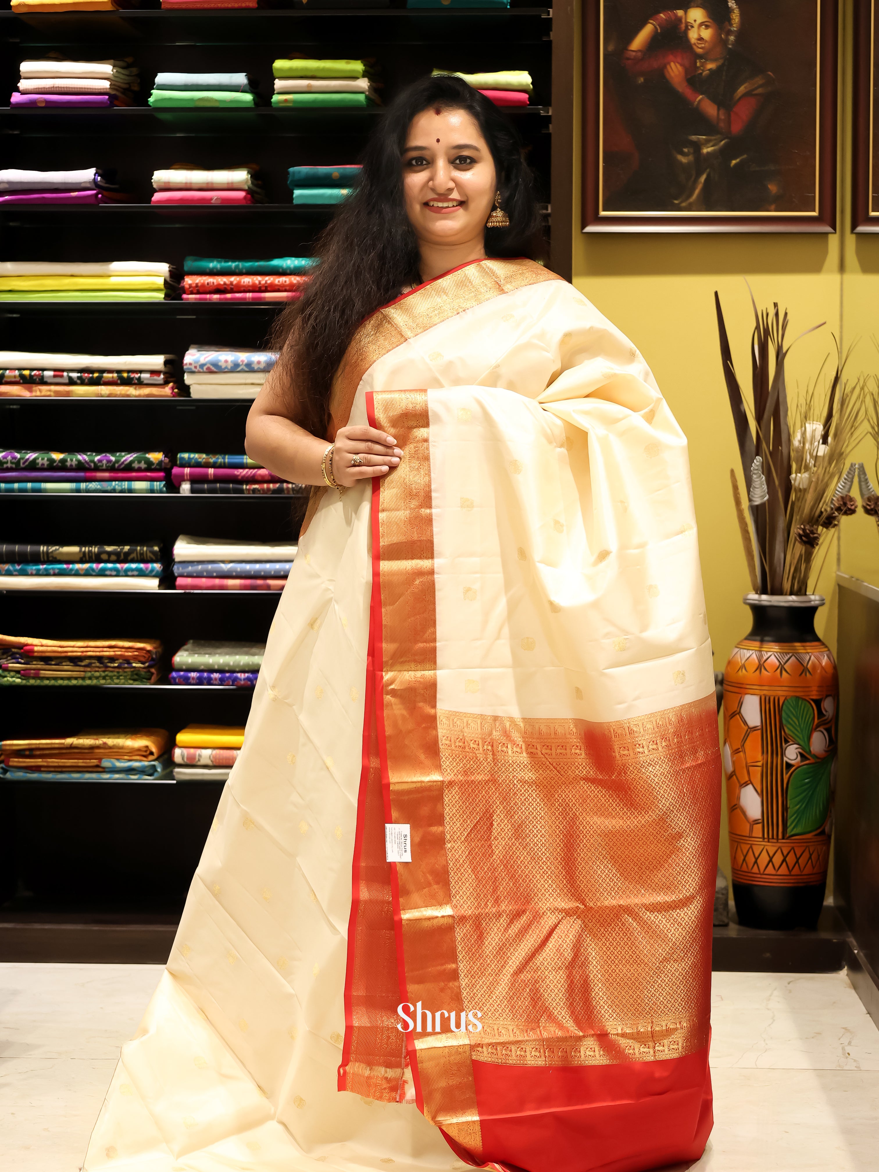 Cream & Red - Kanchipuram silk Saree