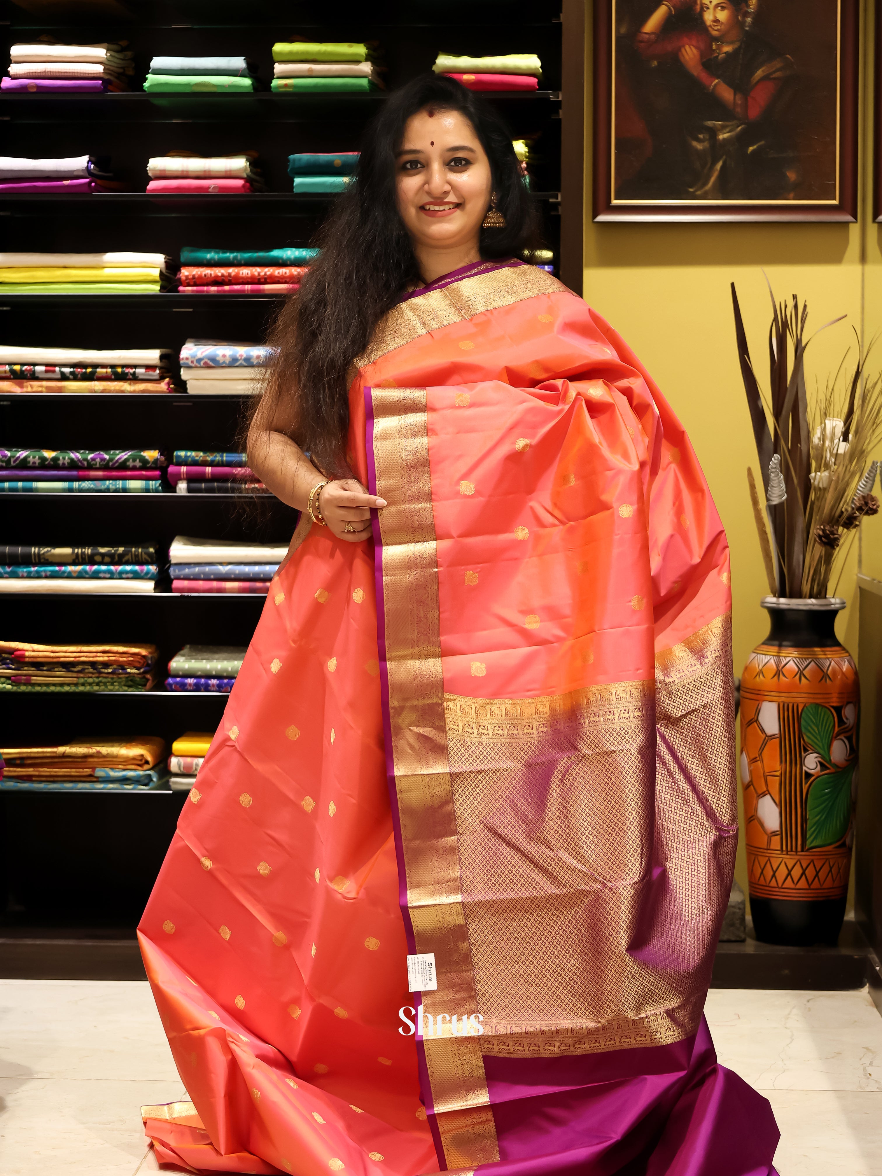 Peachish Pink & Purple - Kanchipuram silk Saree