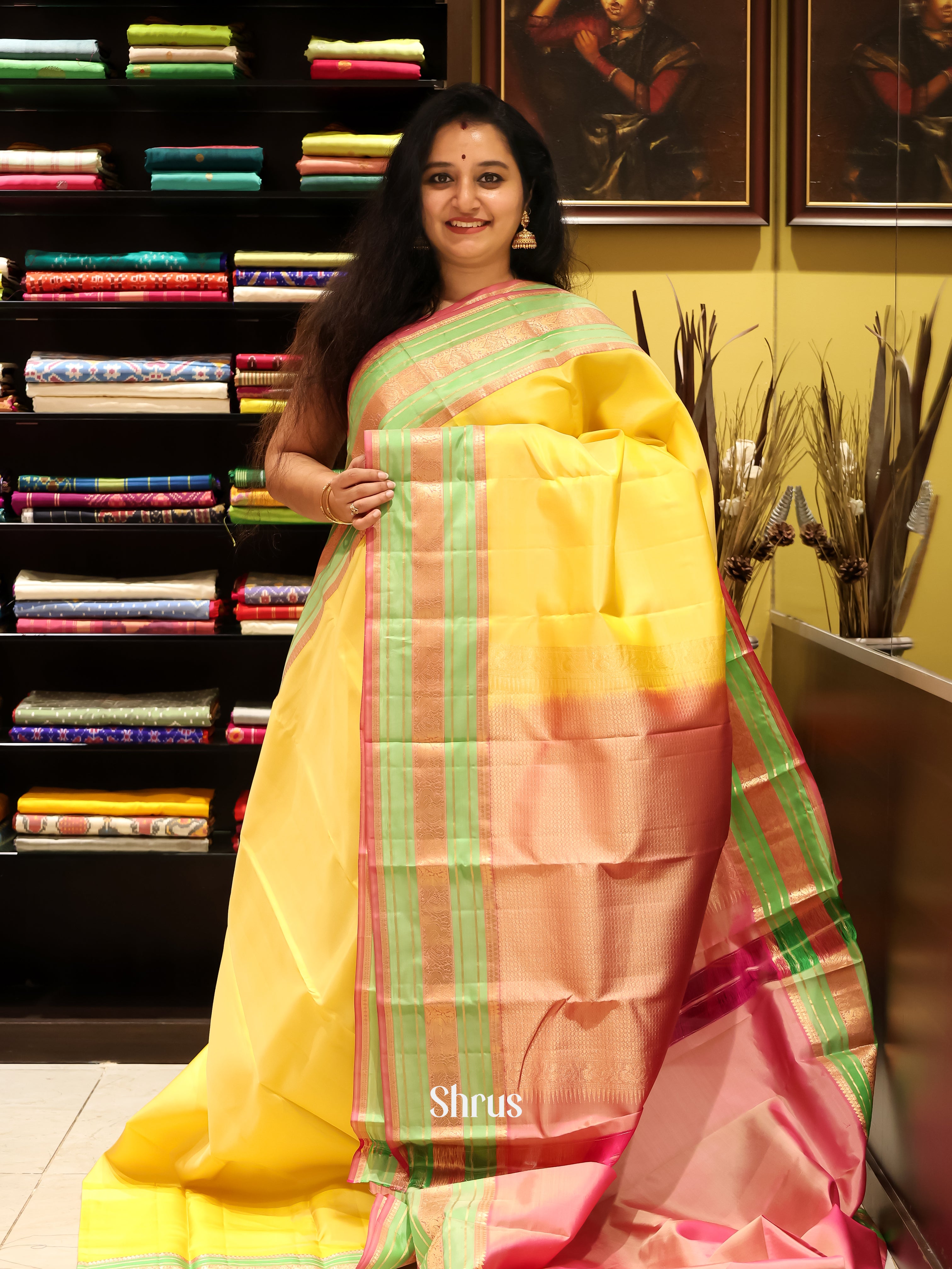 Lemon Yellow & Brown- Kanchipuram silk Saree