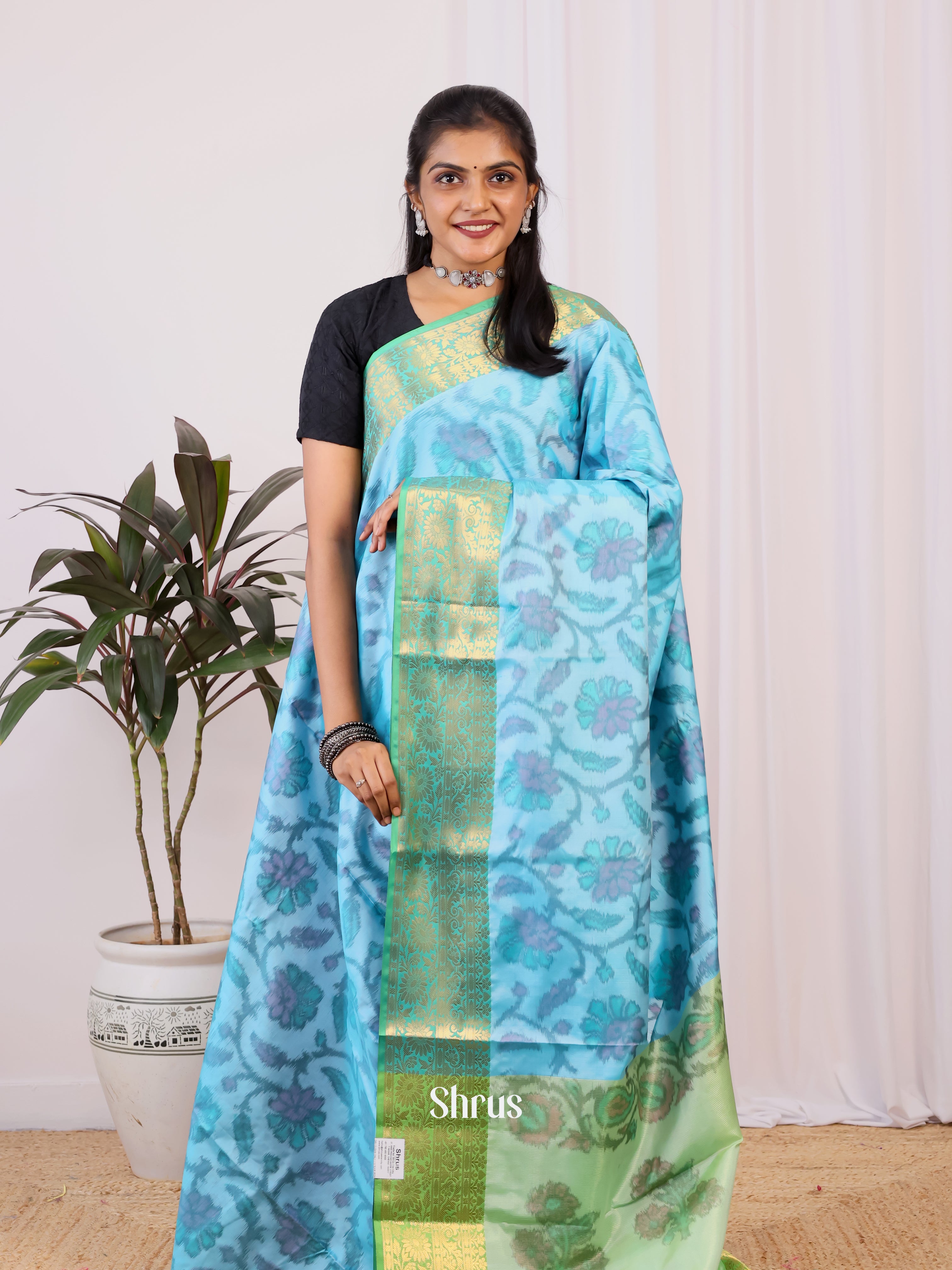 Blue & Green- Semi Ikkat Saree