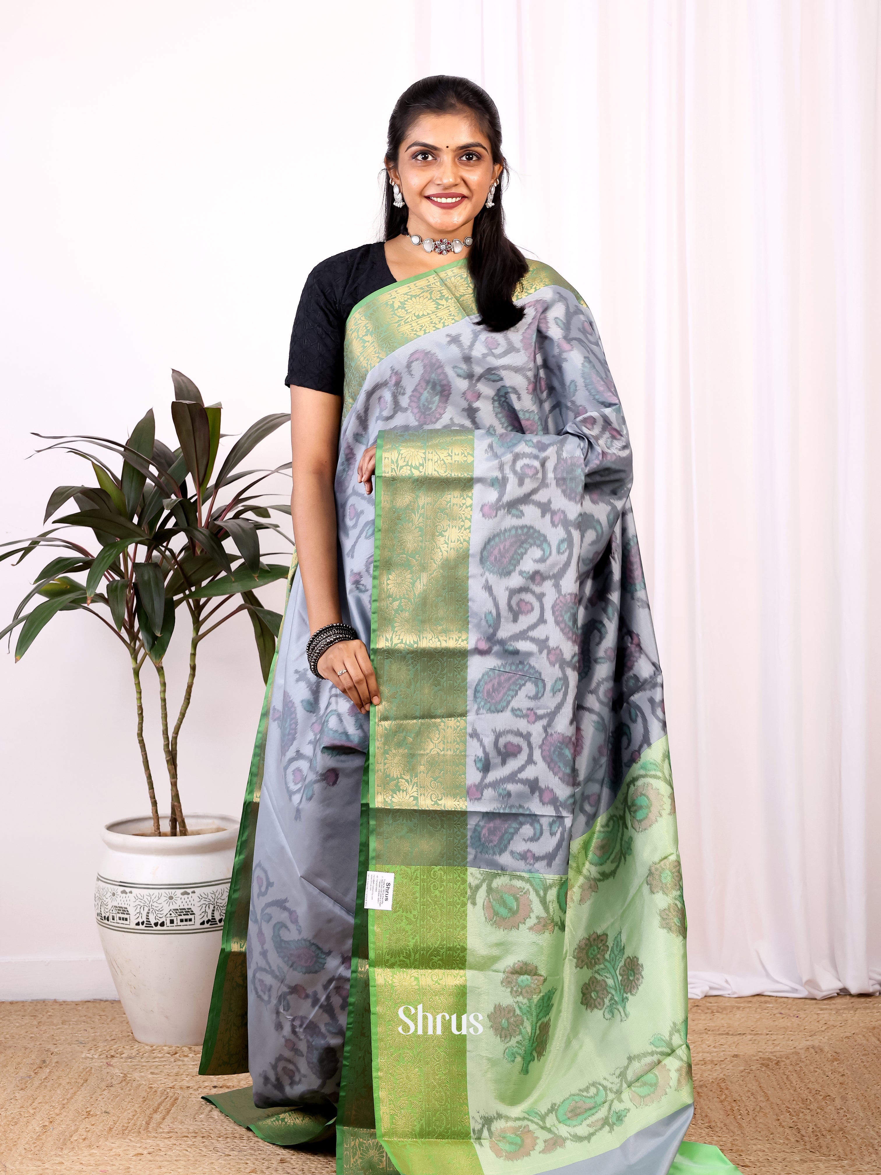 Grey  & Green- Semi Ikkat Saree