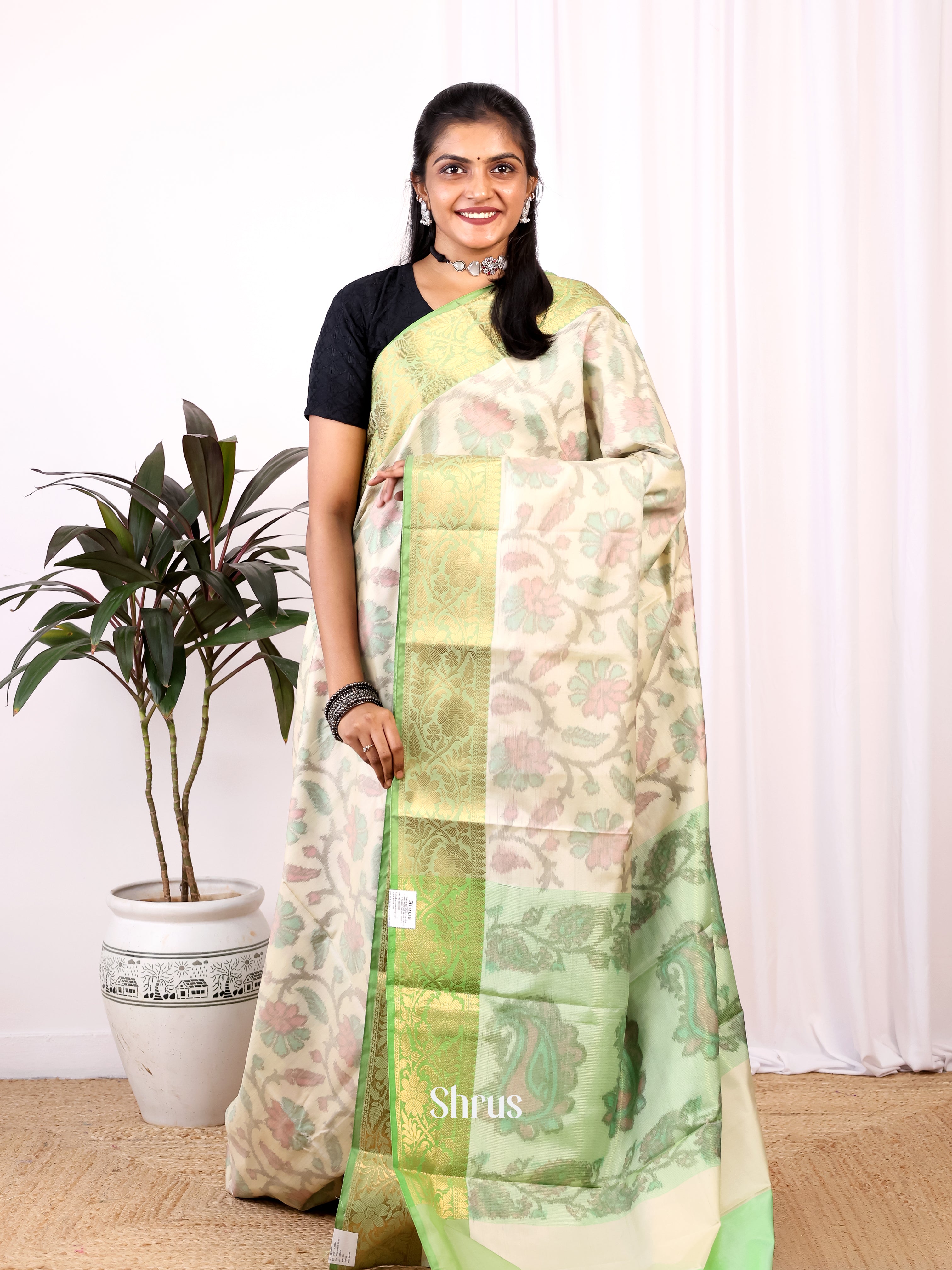 Cream  & Green - Semi Ikkat Saree