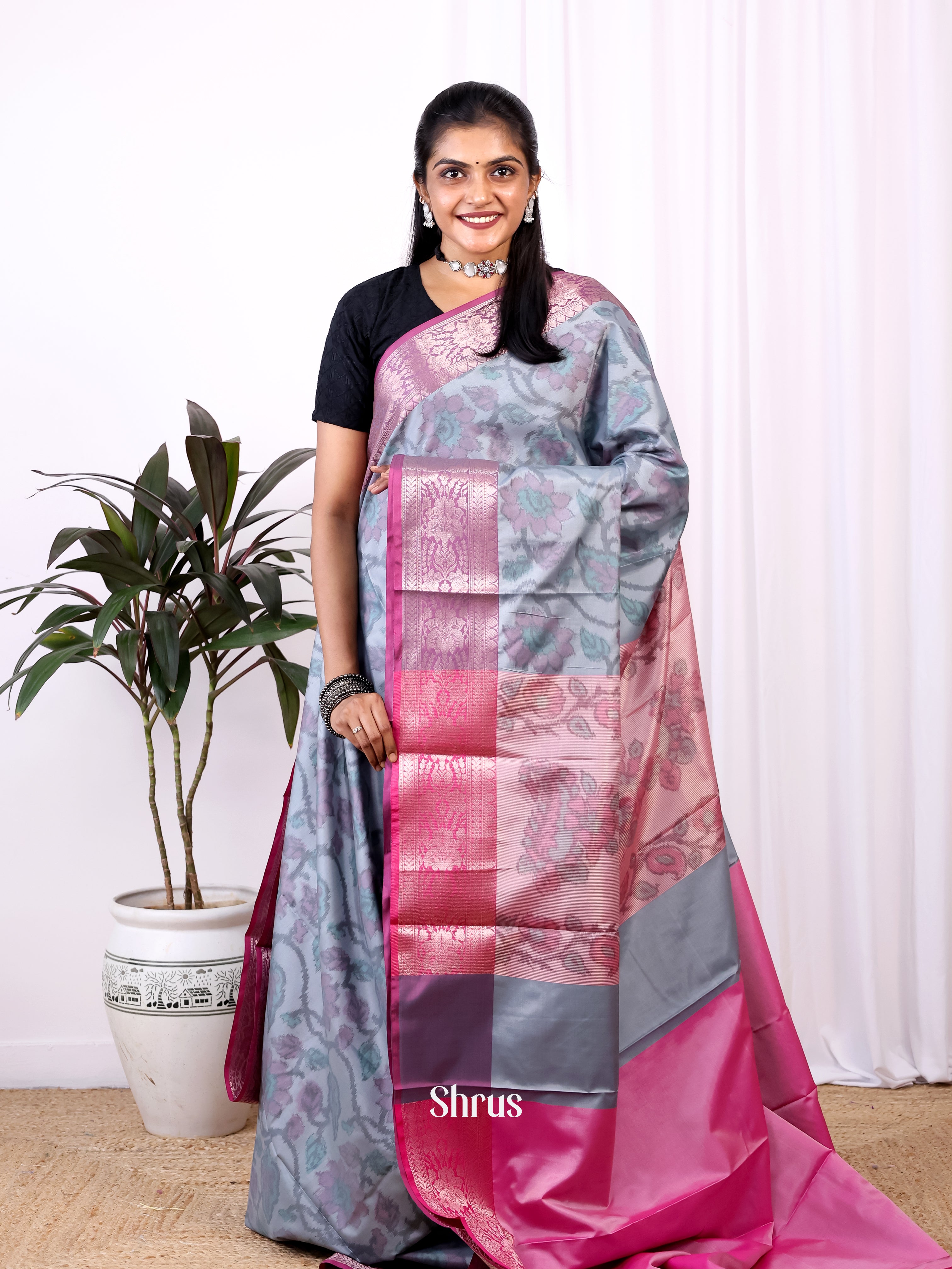 Grey & Pink - Semi Ikkat Saree