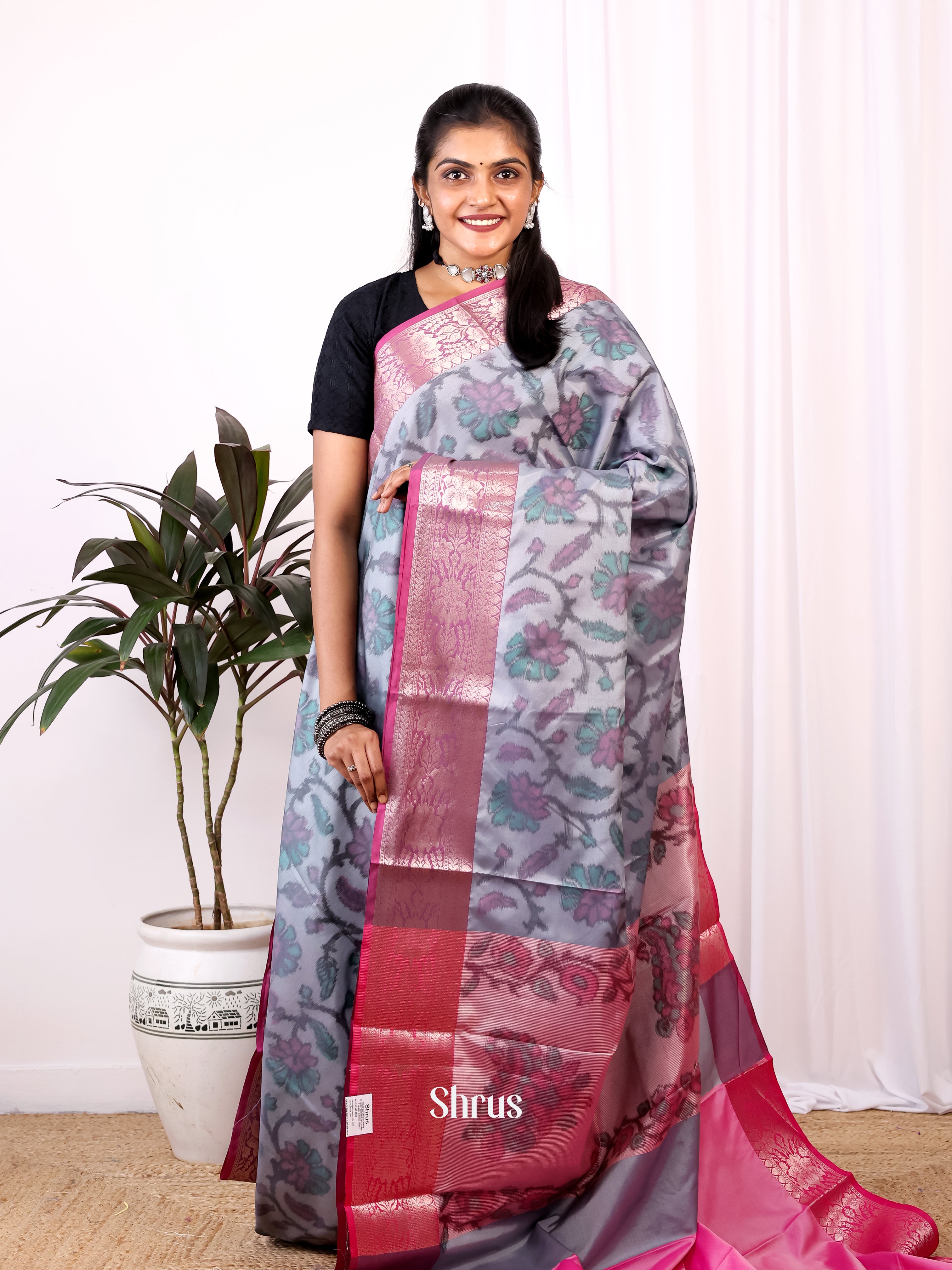 Grey & Pink  - Semi Ikkat Saree