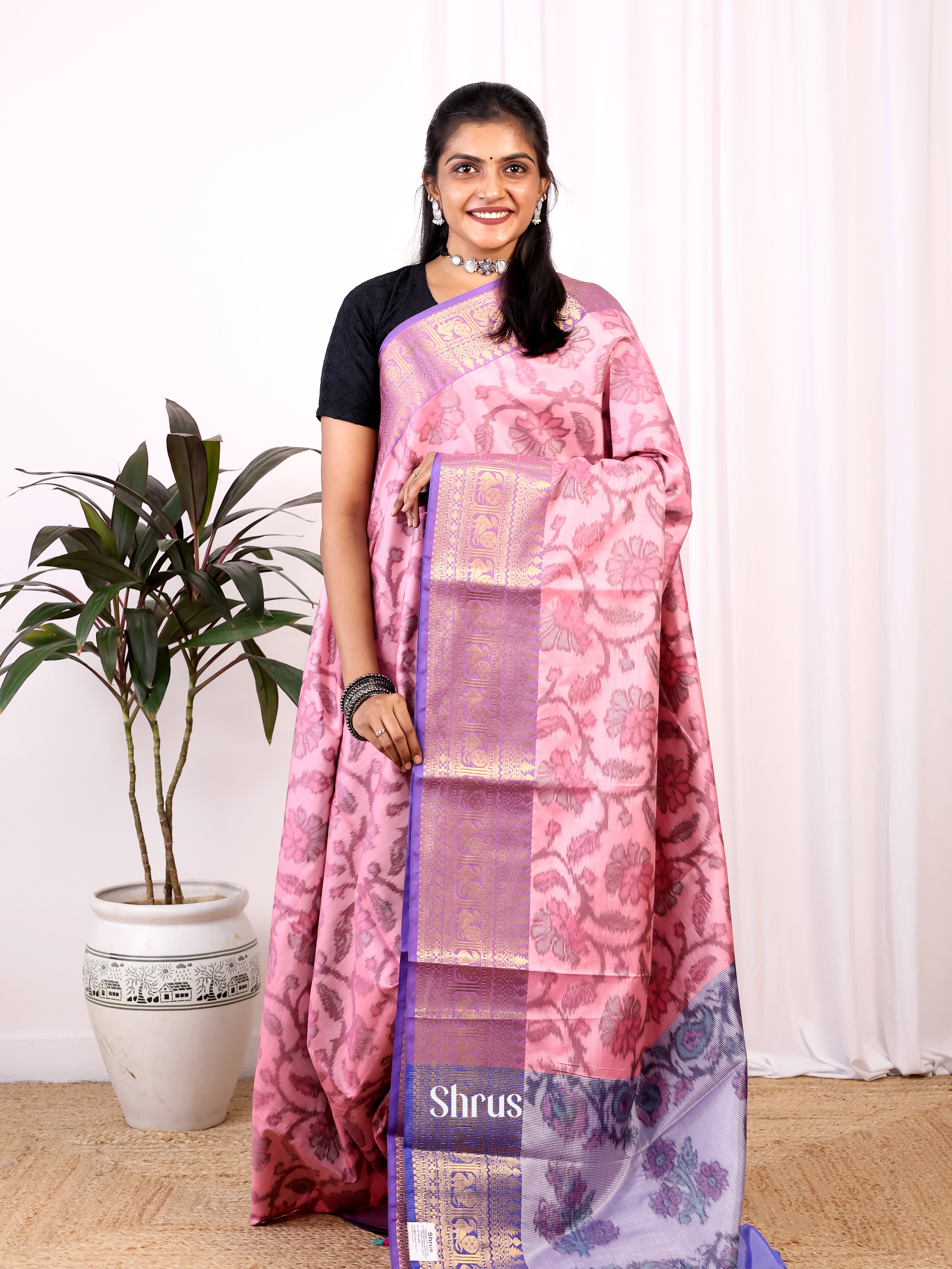 Pink & Purple - Semi Ikkat Saree