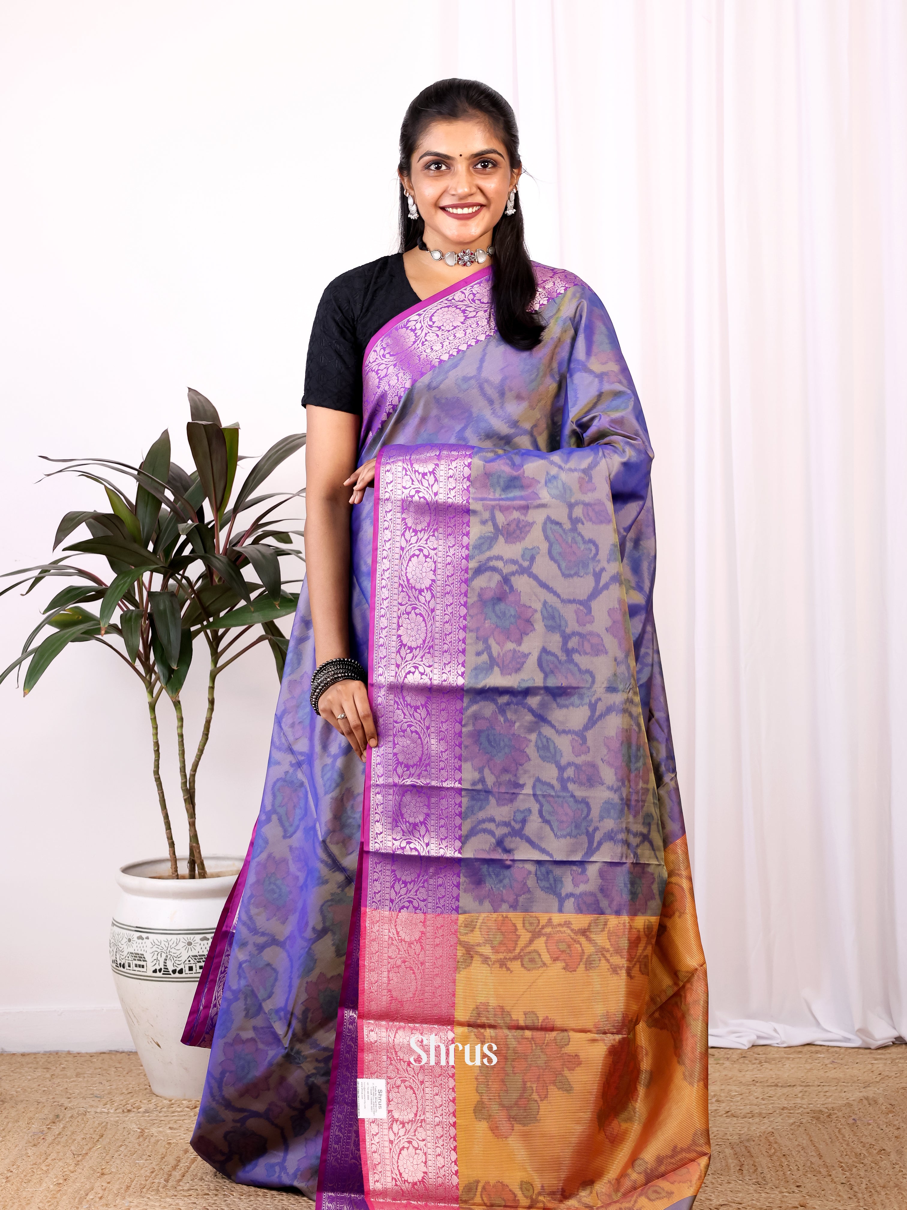 Double Shaded Grey & Purple - Semi Ikkat Saree