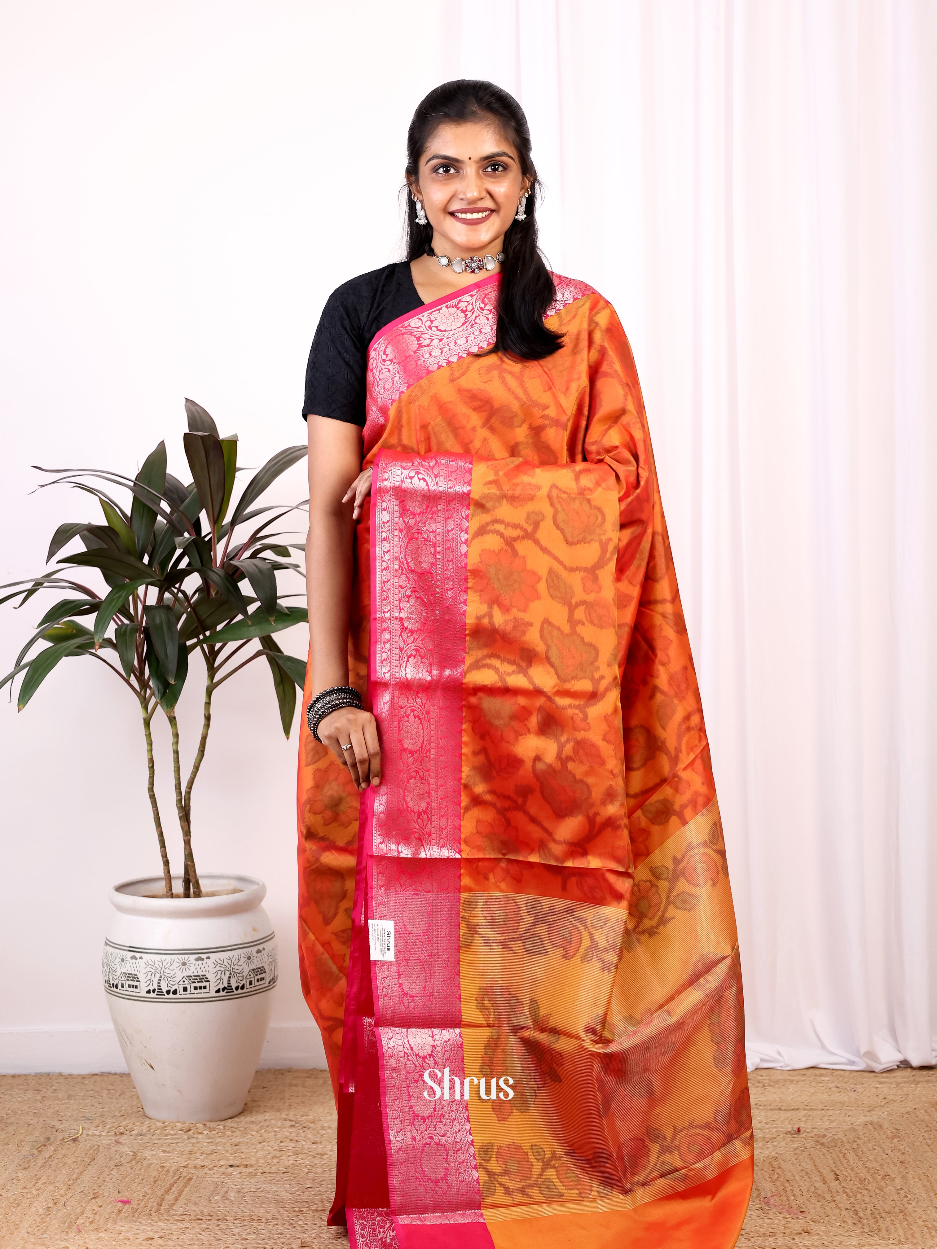 Orange &  Pink- Semi Ikkat Saree