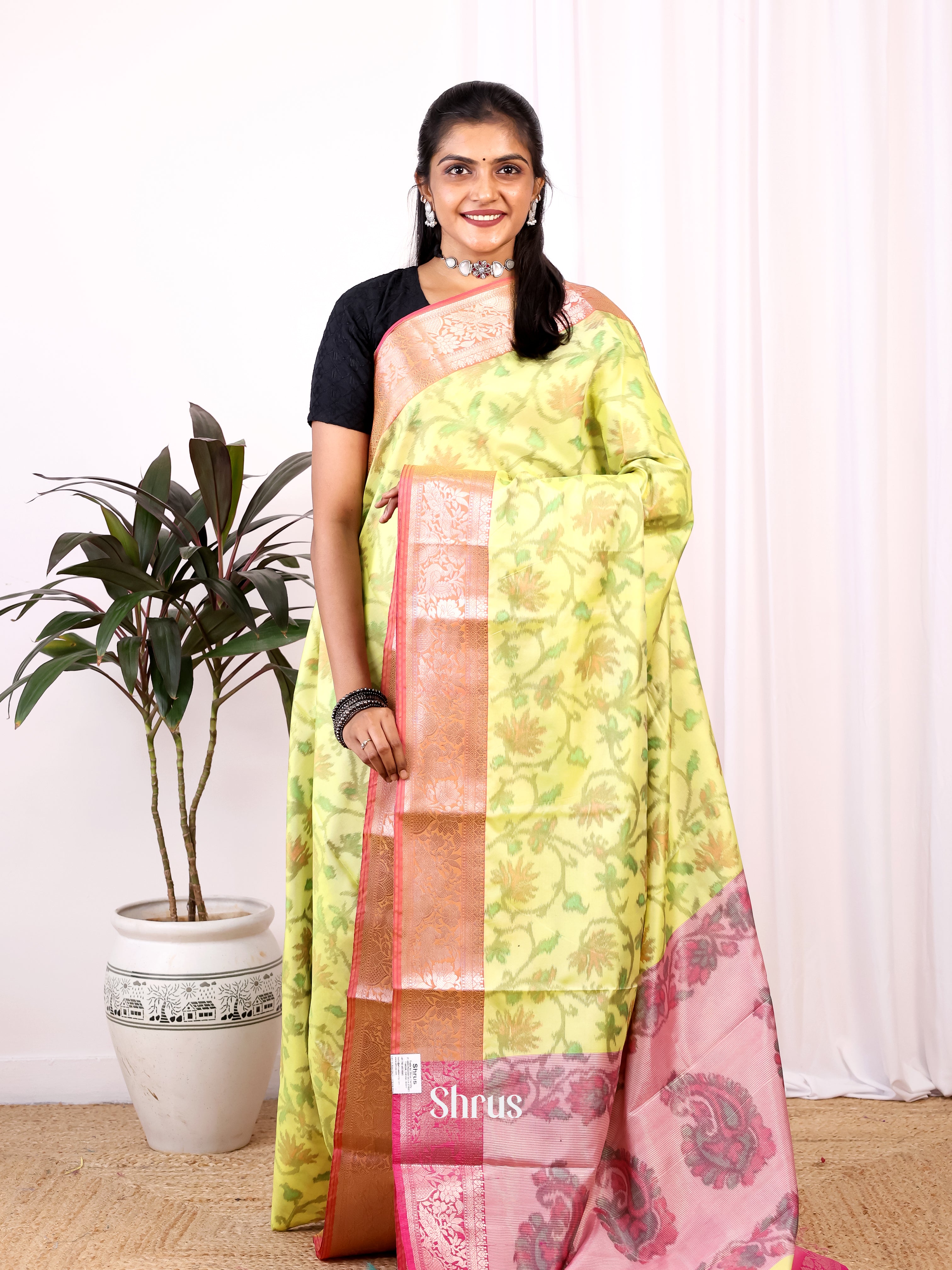 Yellow & Pink  - Semi Ikkat Saree