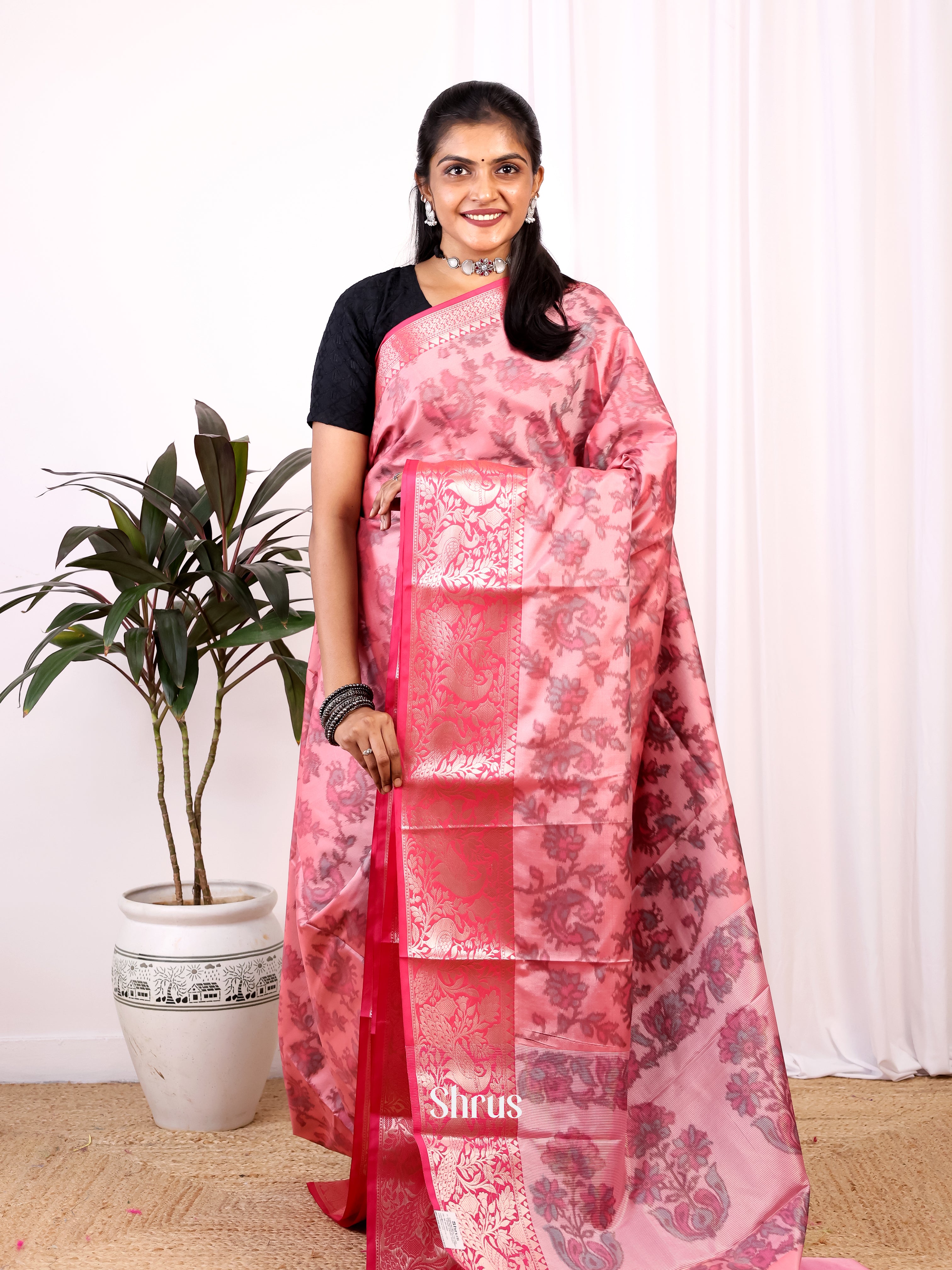 Pink - Semi Ikkat Saree - Shop on Shrus.com