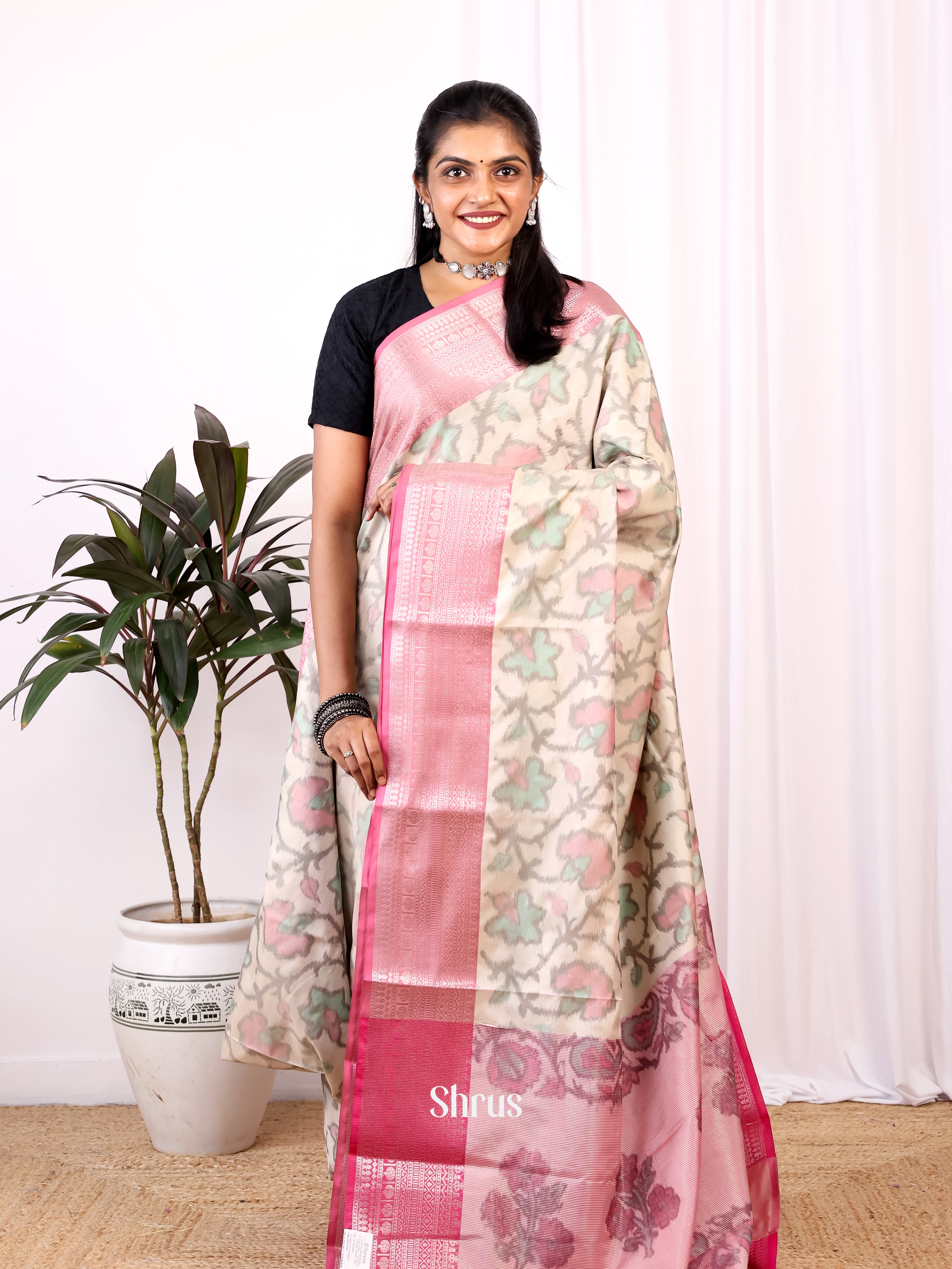 Cream & Pink - Semi Ikkat Saree