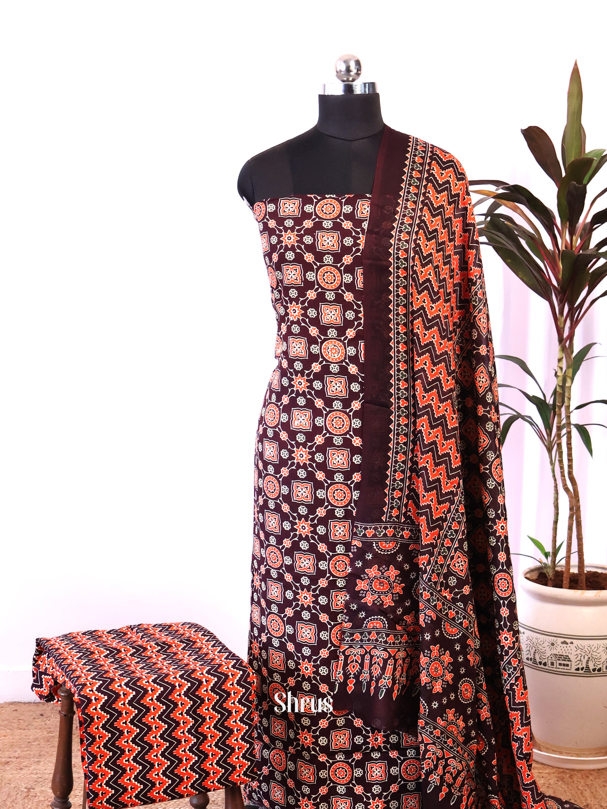 Black & Red- Ajrakh Salwar suit Top Bottom & Dupatta - CIS27180