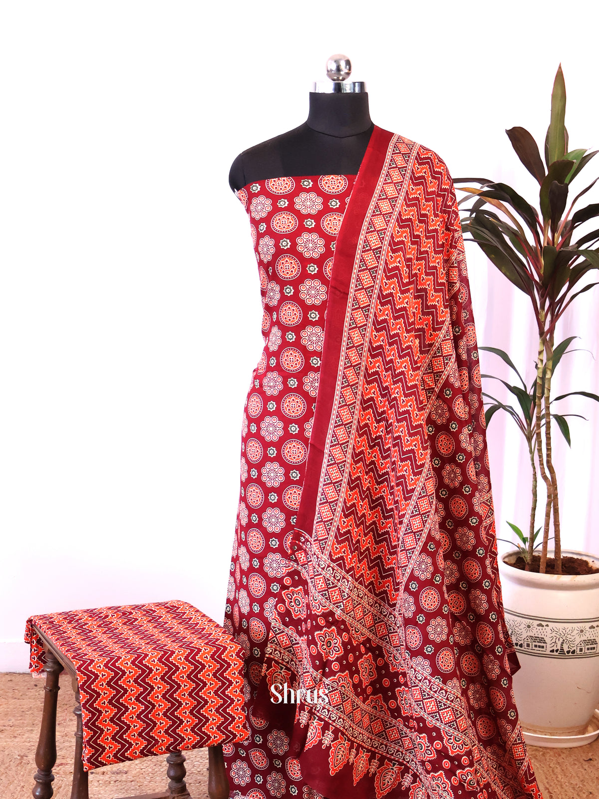 Red- Ajrakh Salwar Unstitched Top, Bottom & Dupatta - CIS27185