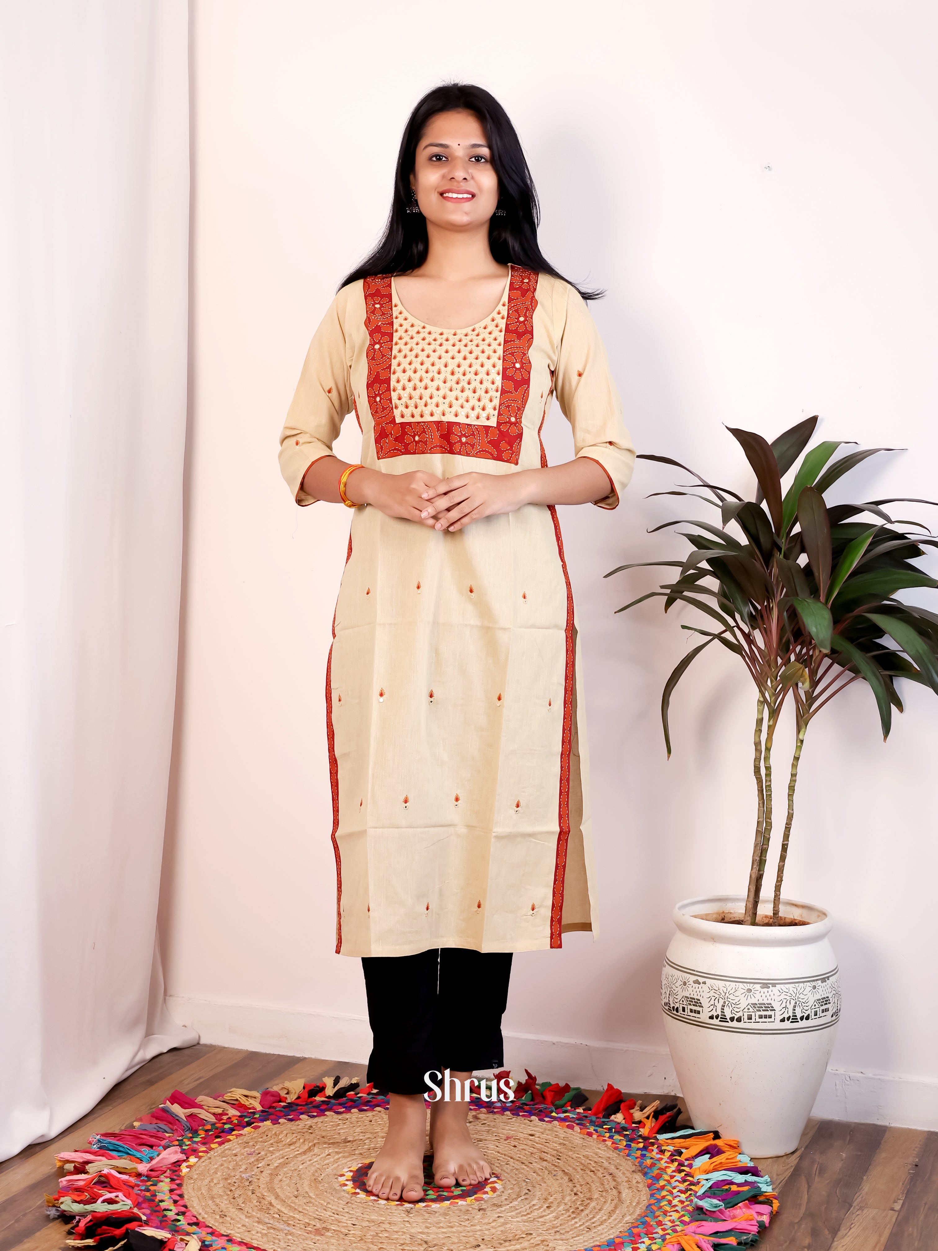 Cream & Red - Readymade Kurti