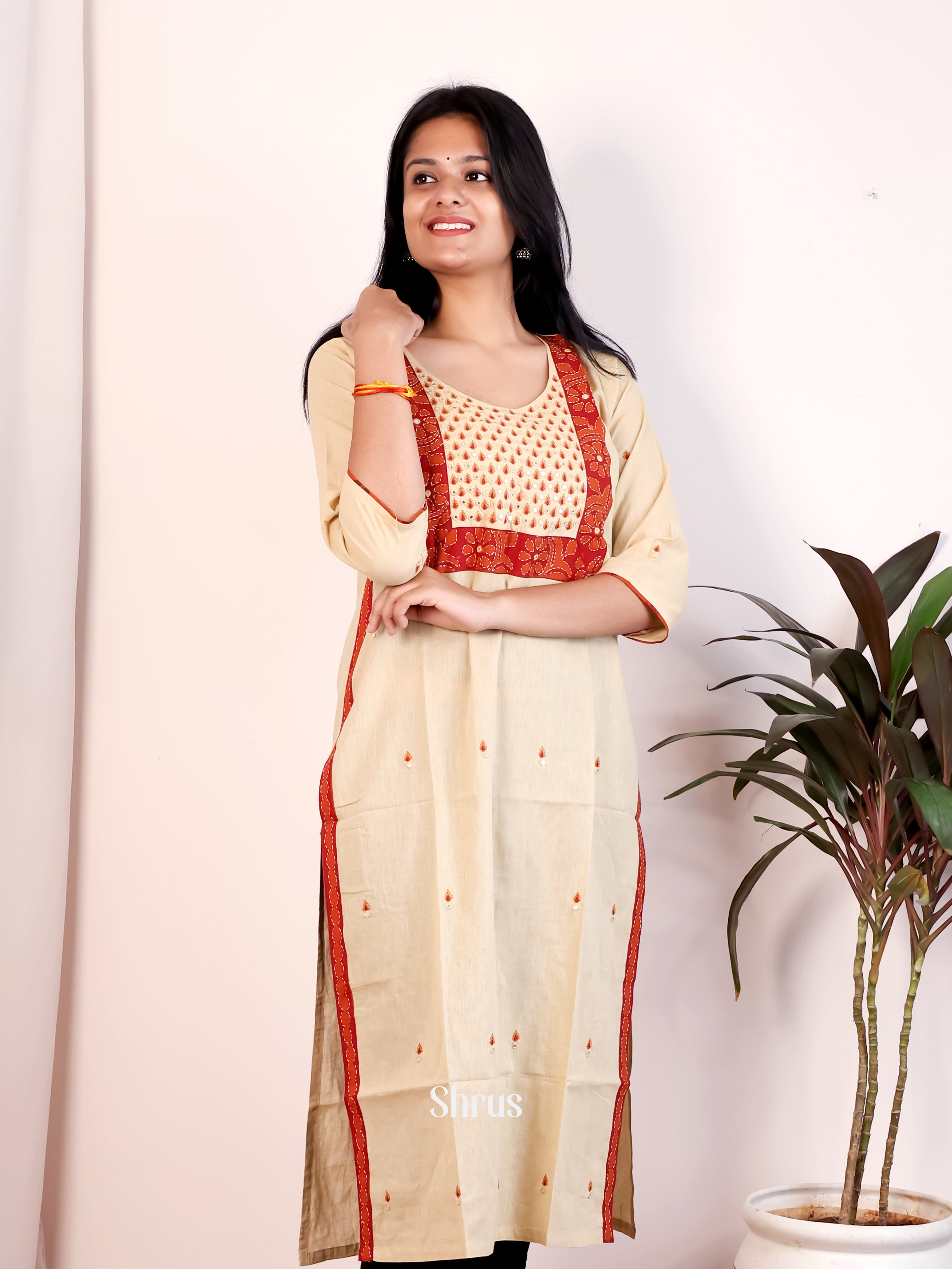 Cream & Red - Readymade Kurti