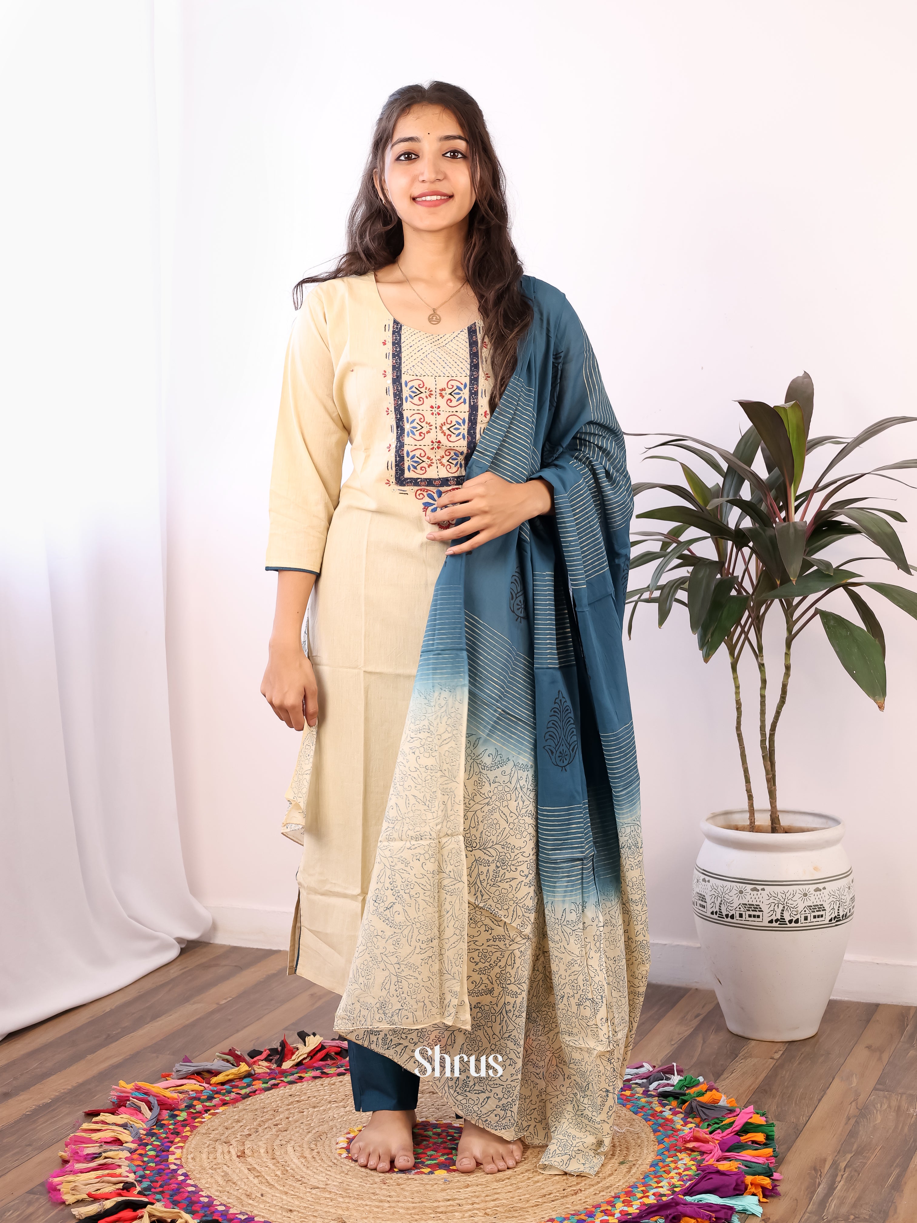 Cream & Blue -3pc  Readymade Suits