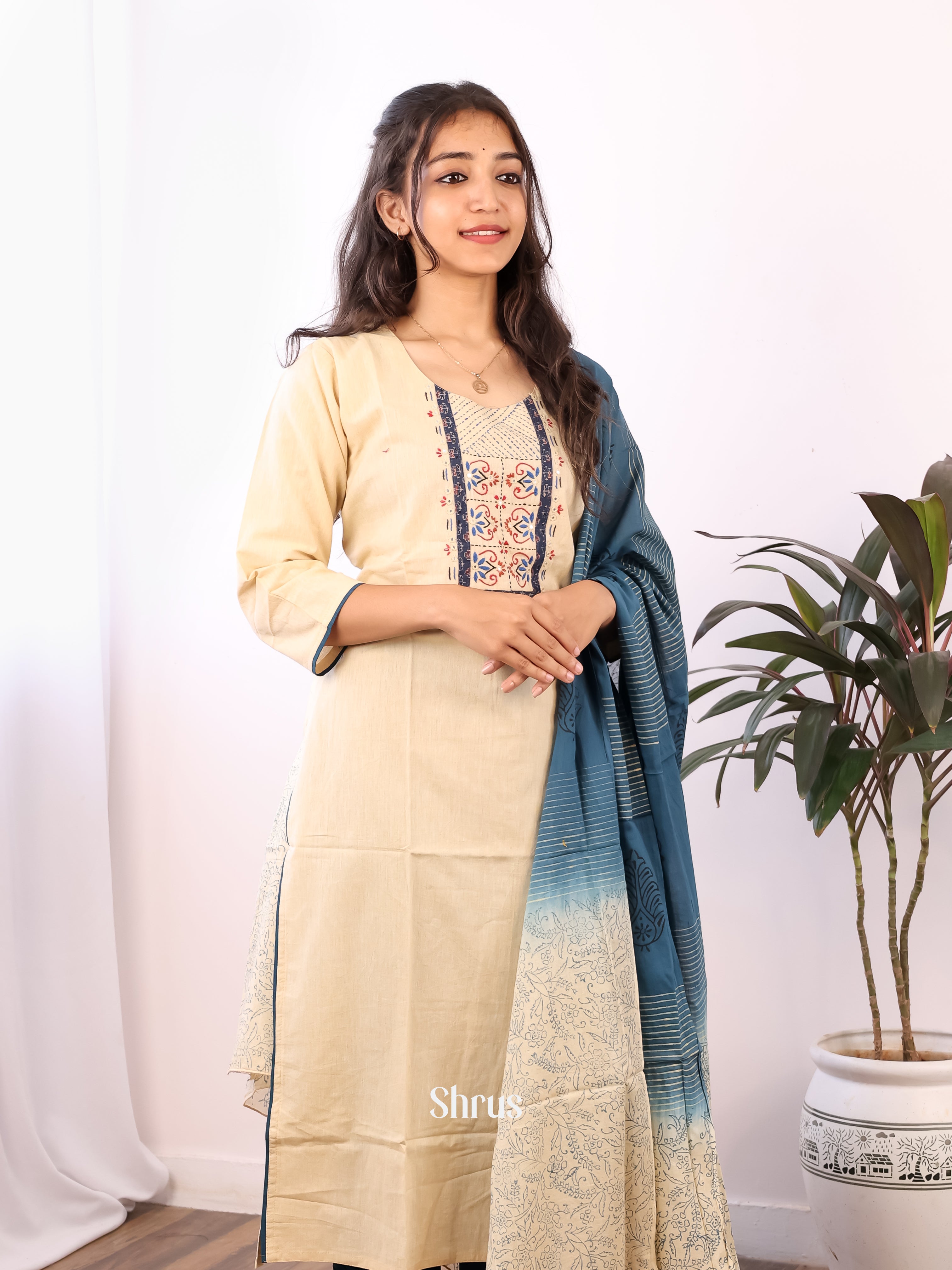 Cream & Blue -3pc  Readymade Suits