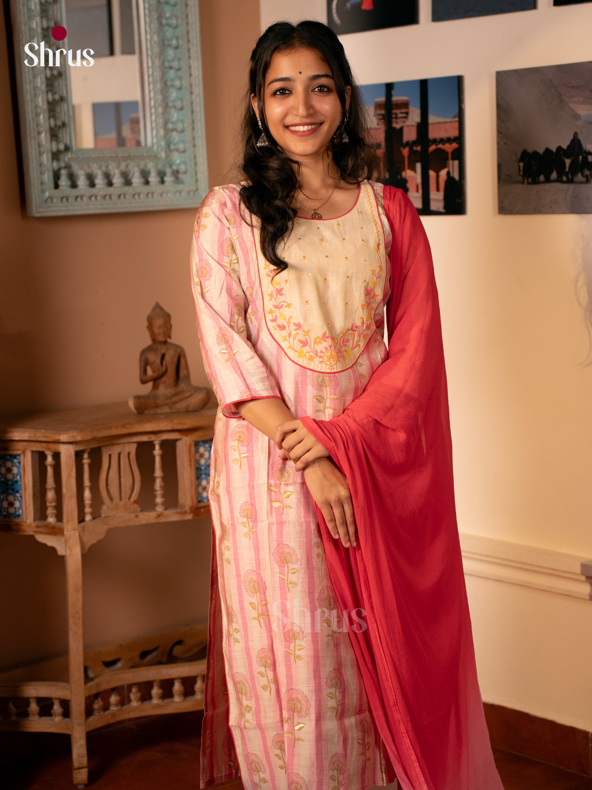 Cream & Pink - 3pc Readymade Suits