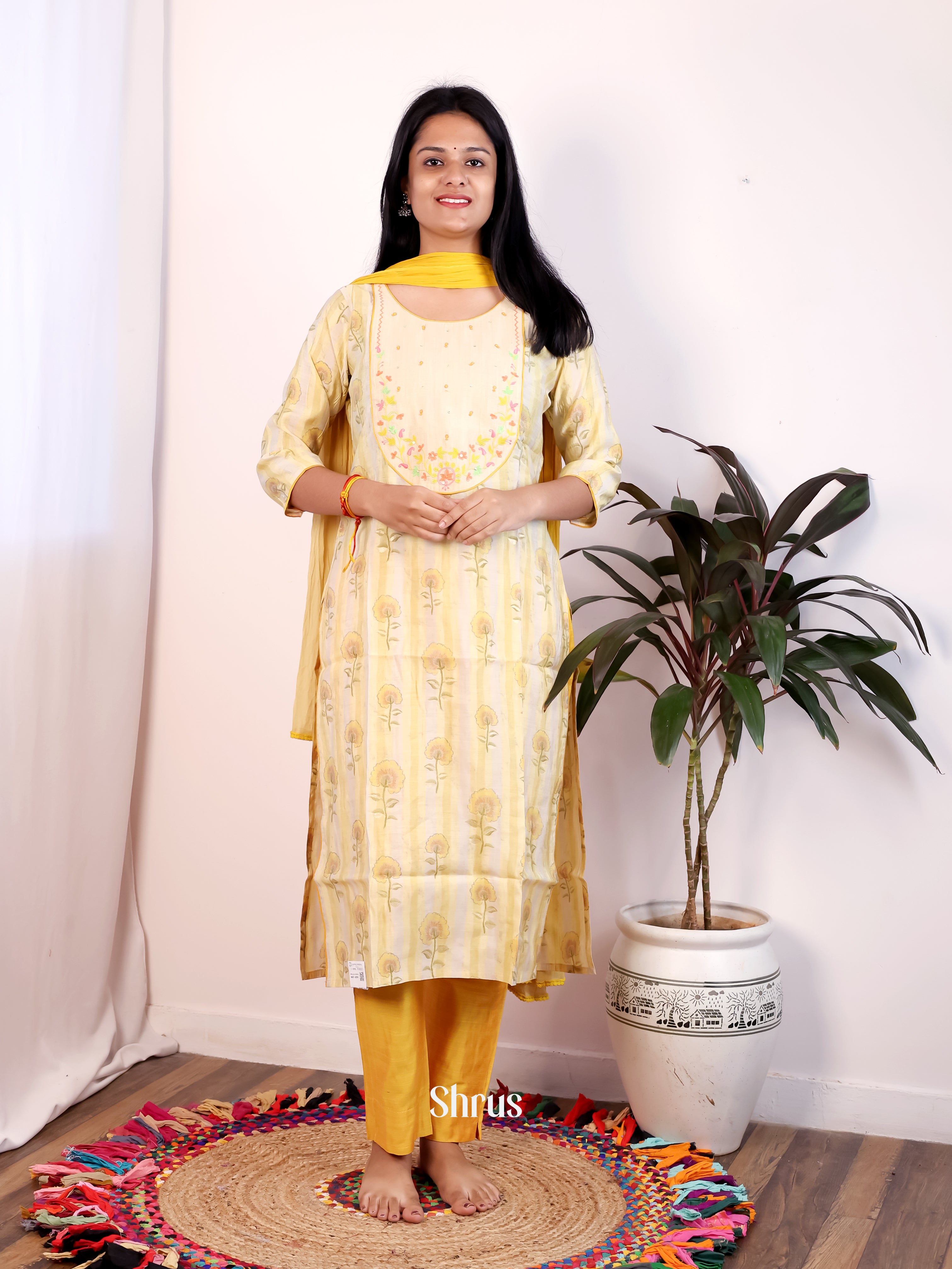 Cream & Yellow -3pc  Readymade Suits