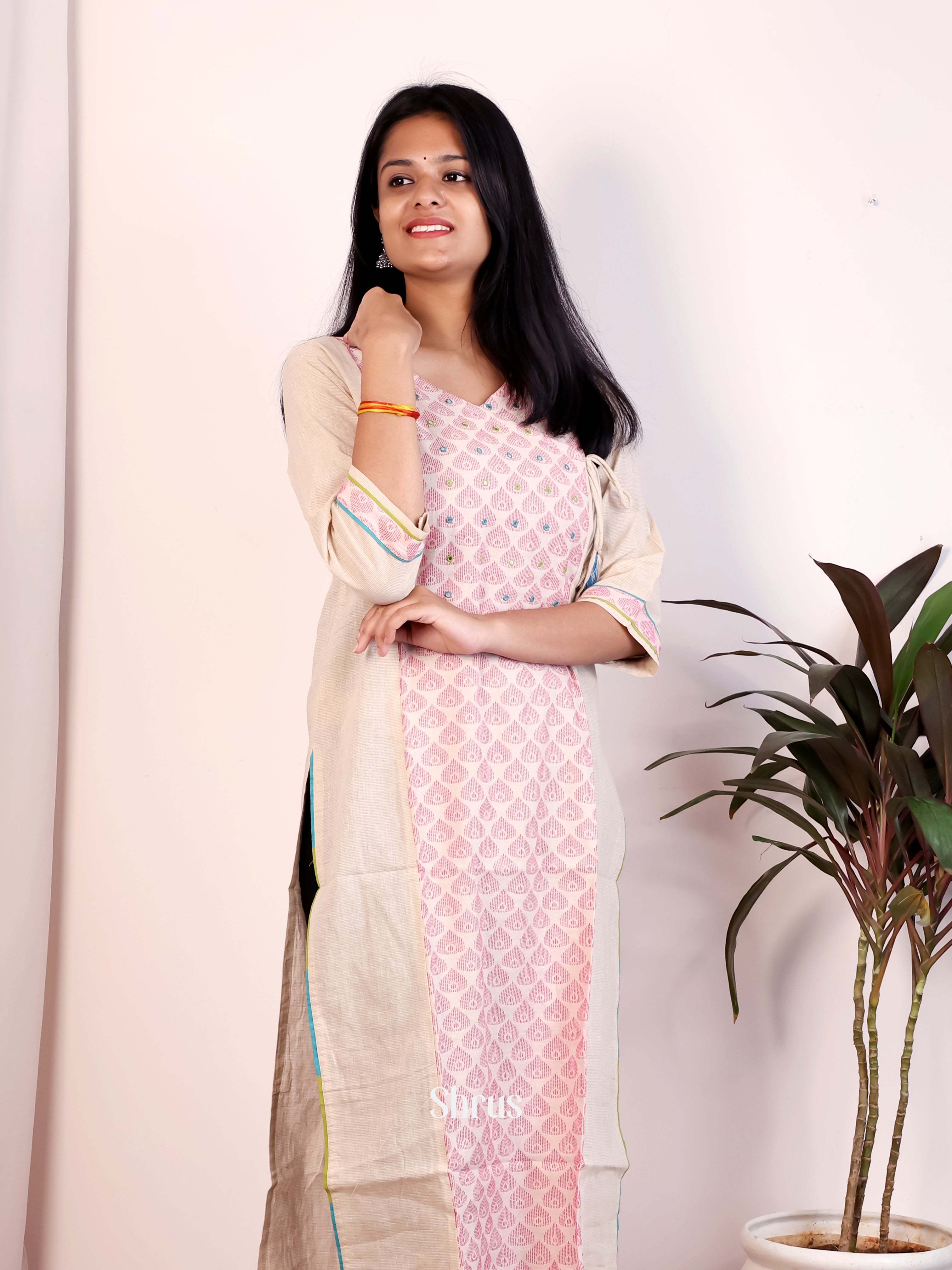 Cream & Pink- Readymade kurti