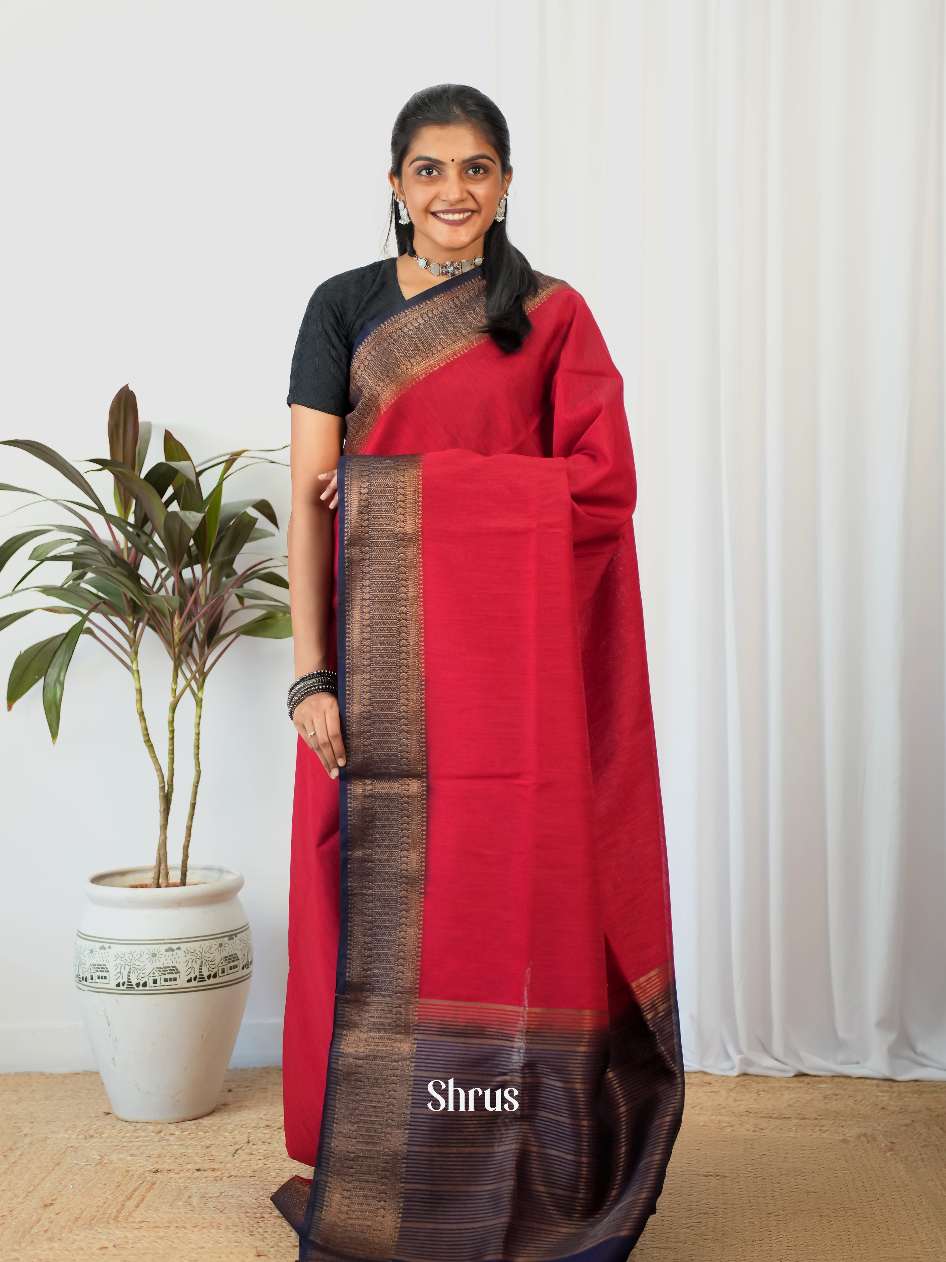 Red & Blue - Semi Jute  Saree