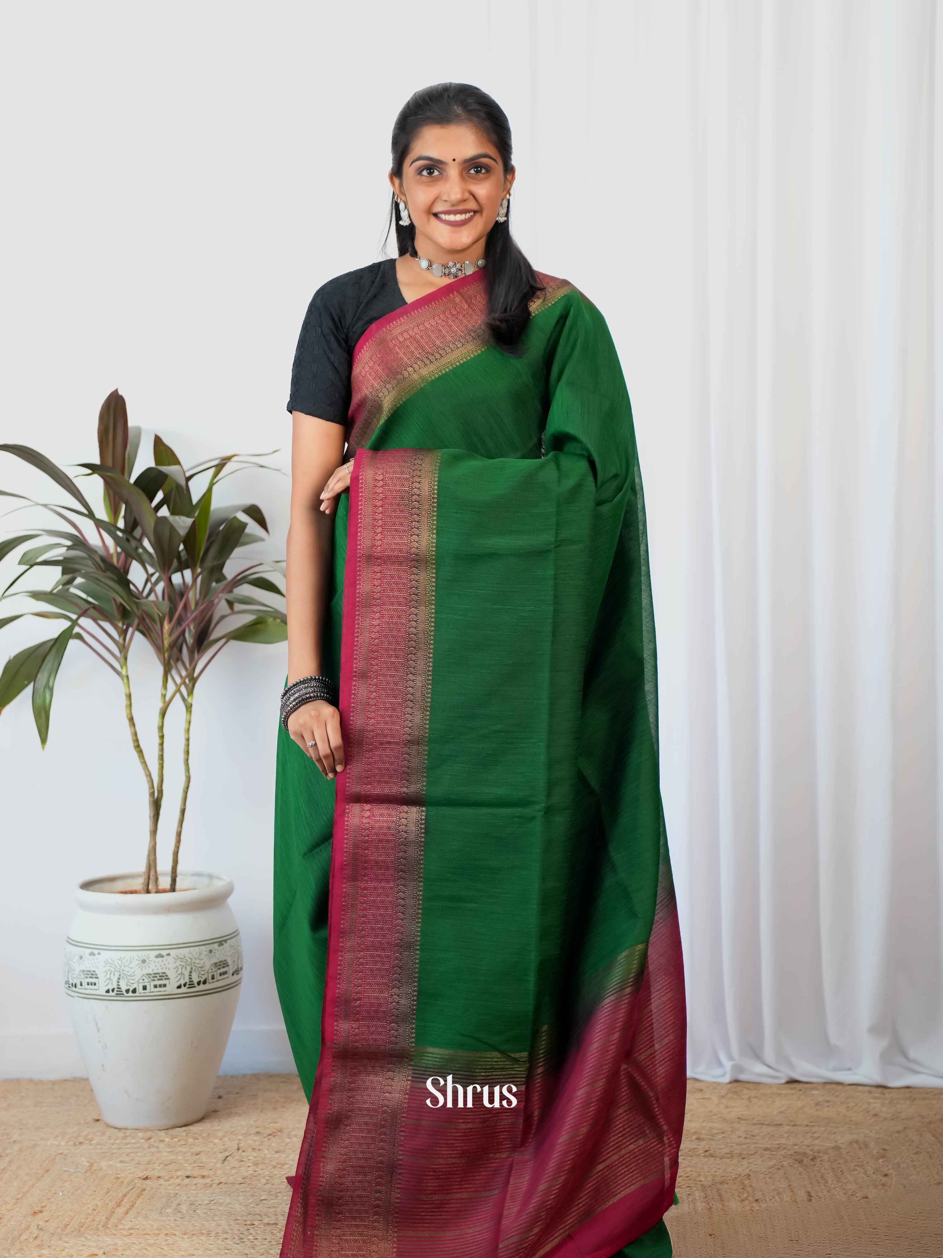 Green & Maroon - Semi Jute Saree