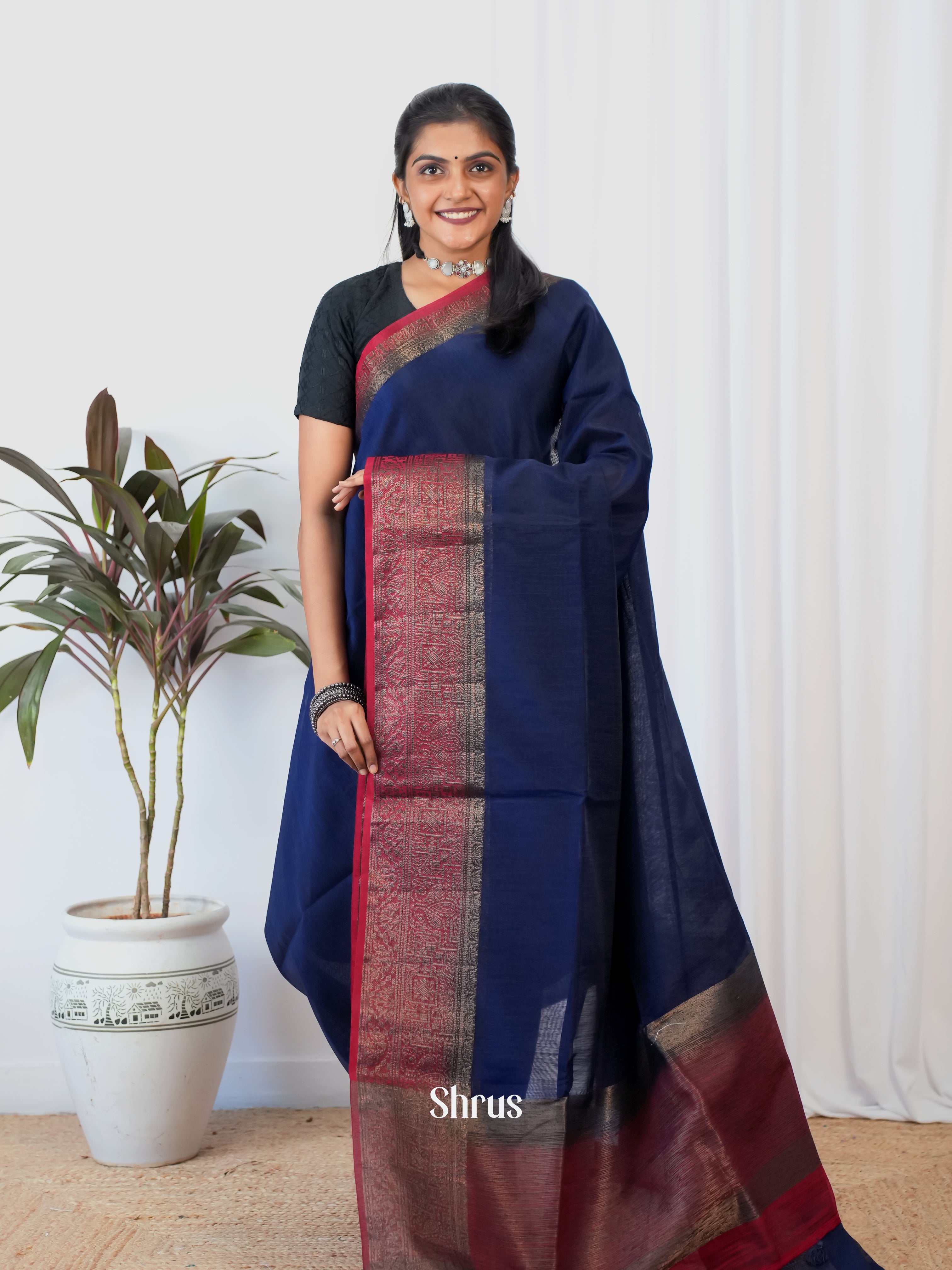 Blue & Maroon - Semi Jute Saree