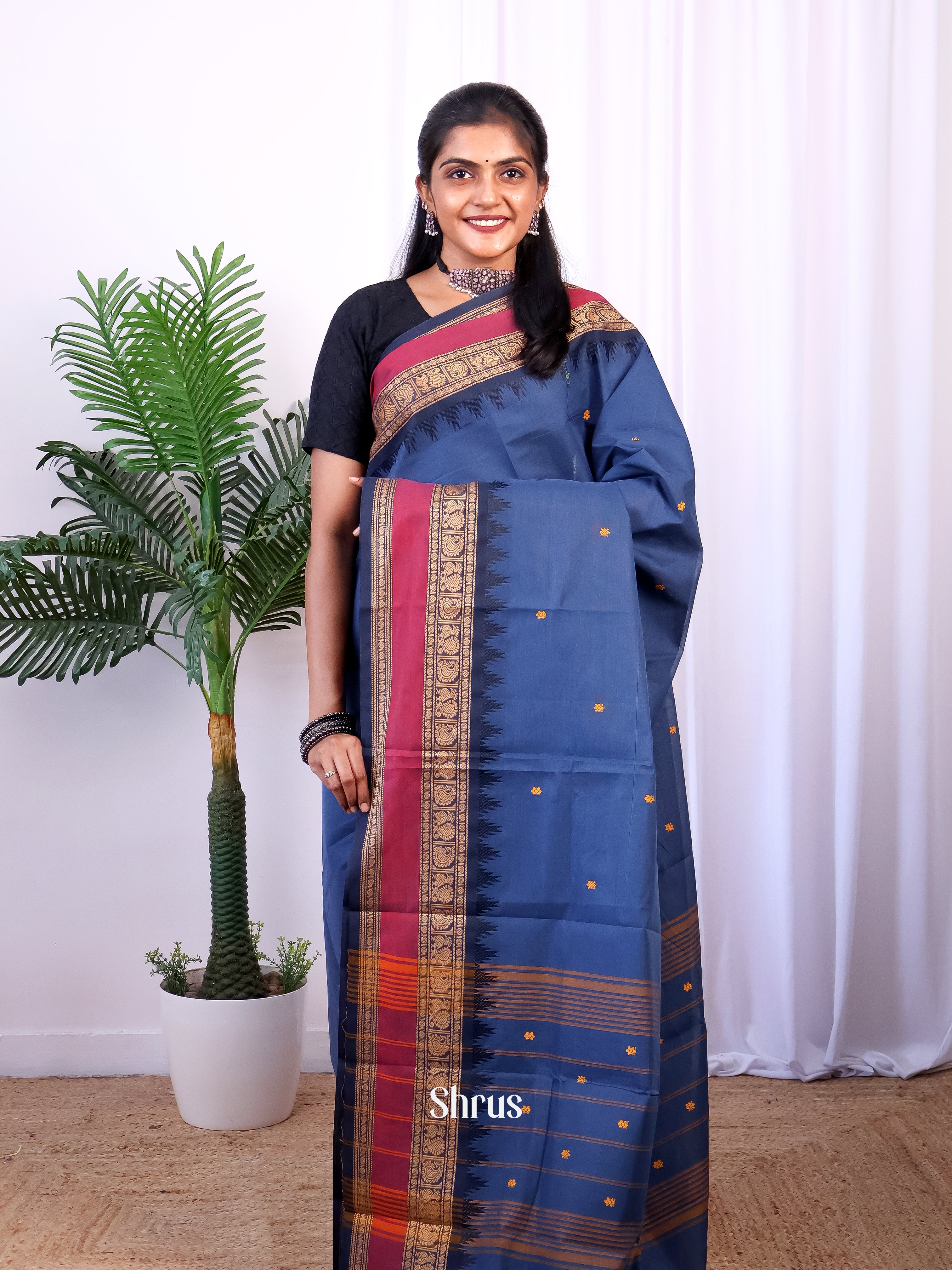 Blue & Navy Blue - Chettinad Cotton Saree