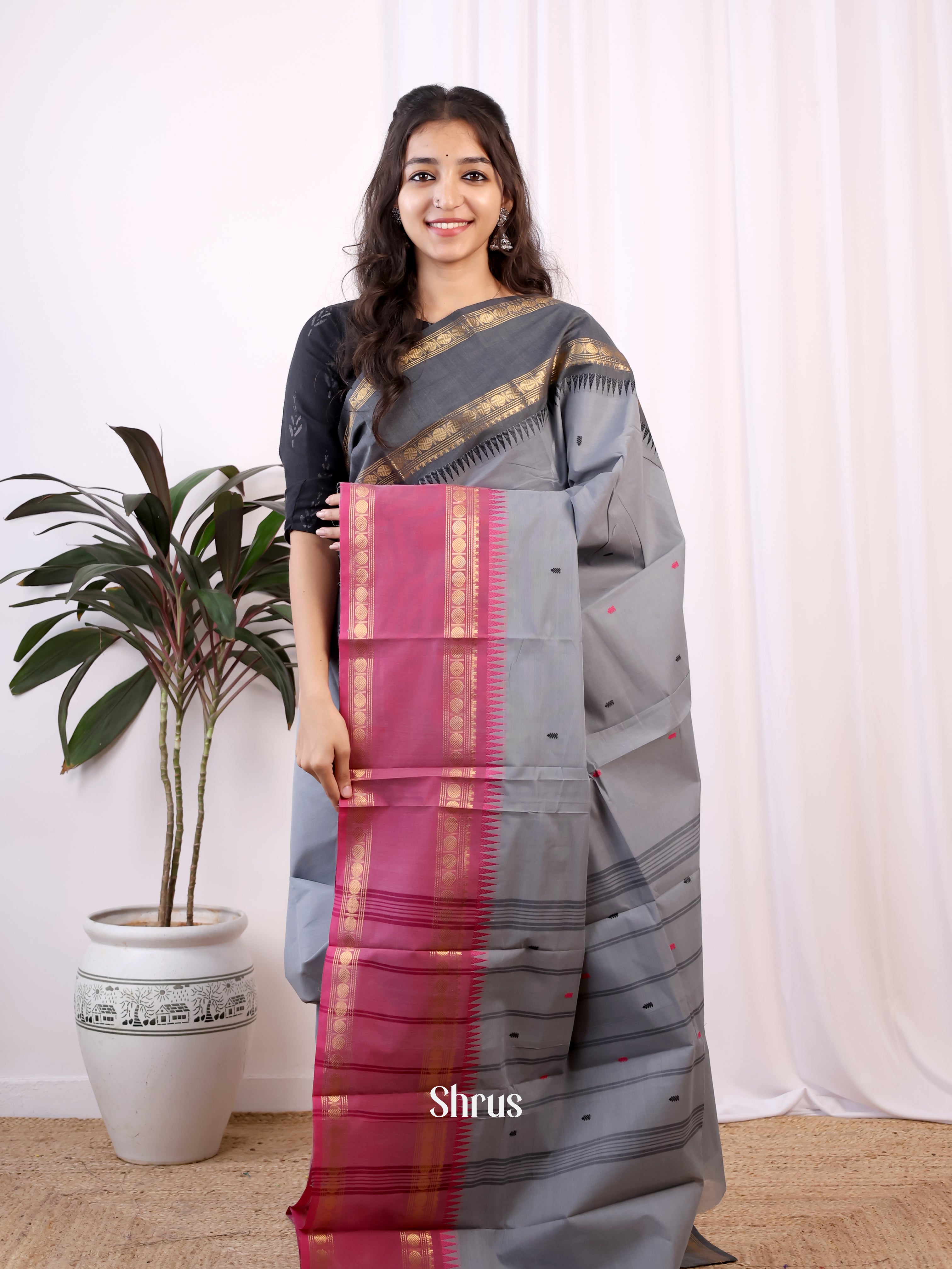 Grey & Red - Chettinad Cotton Saree