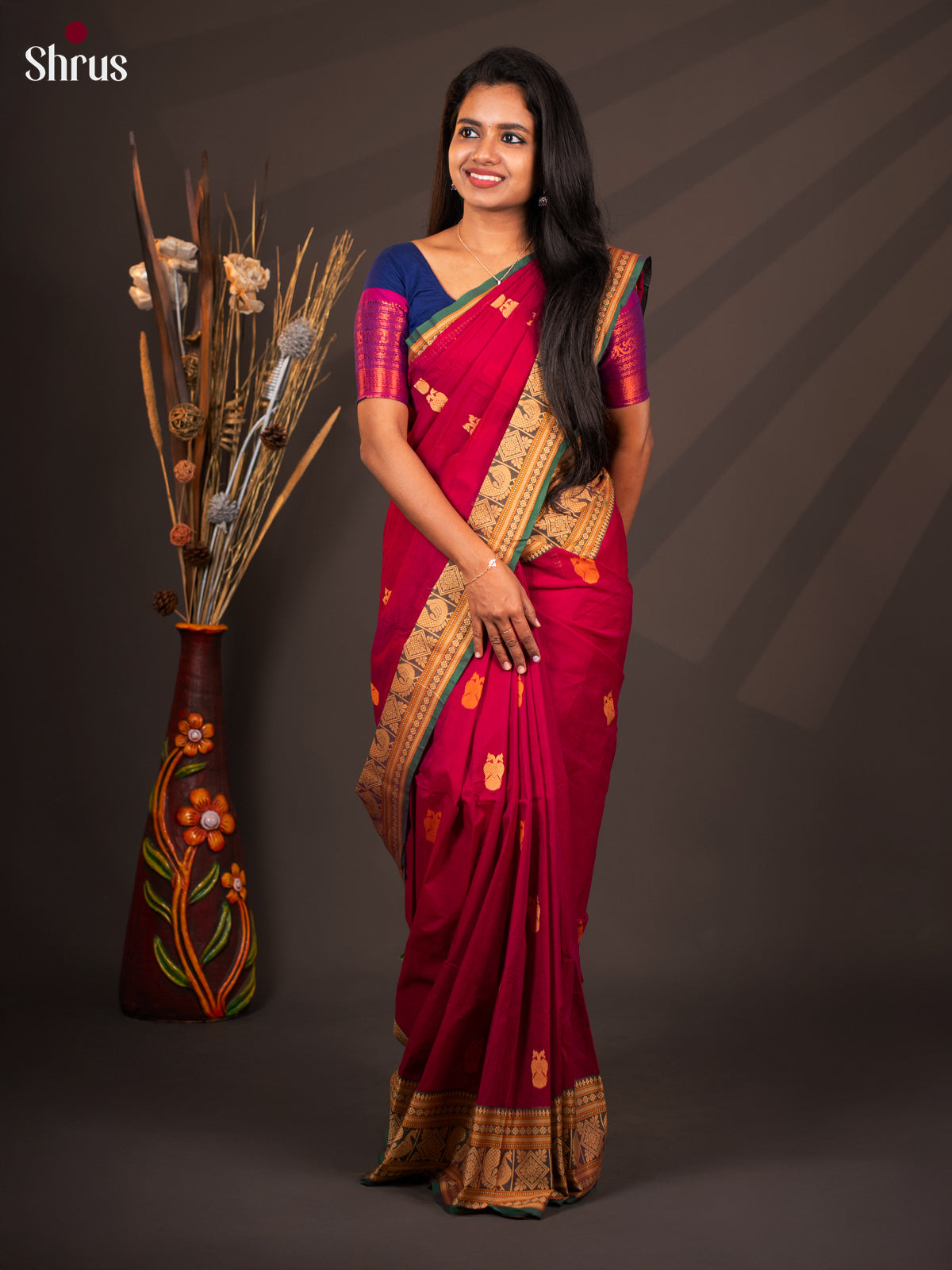 Maroon with Green - CIS28668 - Chettinad Cotton - Shop on Shrus.com