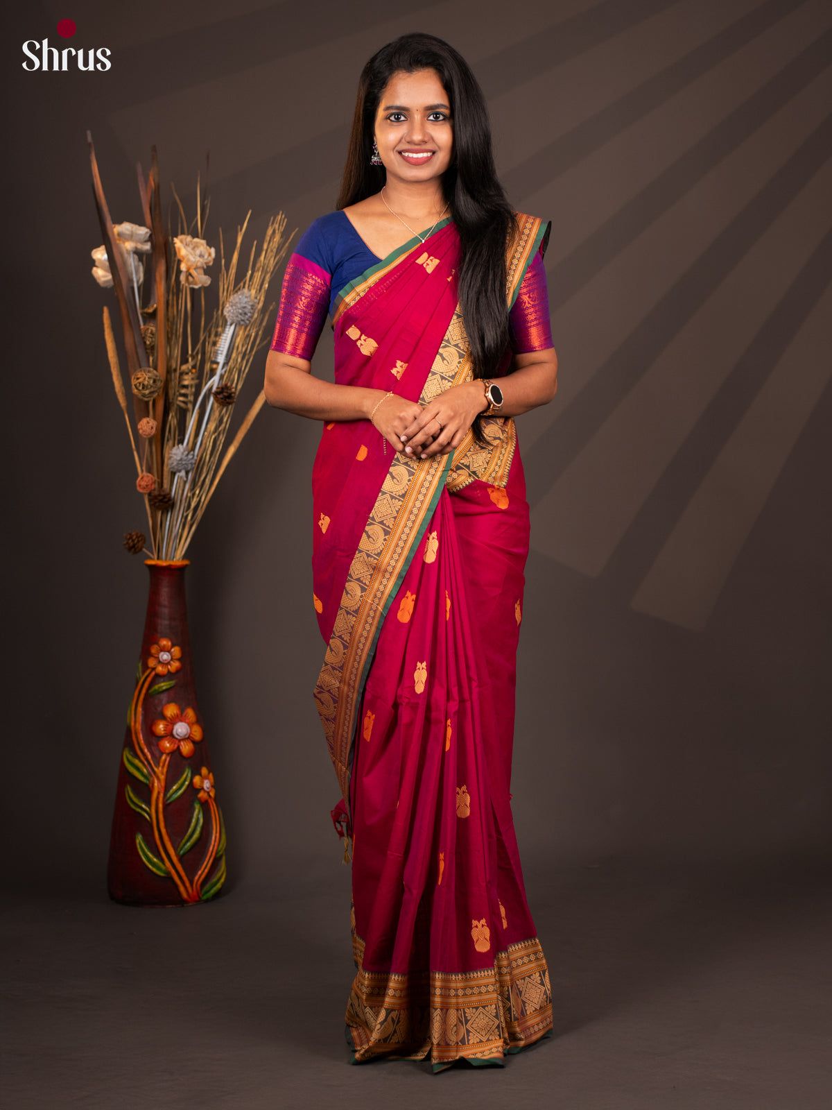 Maroon with Green - CIS28668 - Chettinad Cotton - Shop on Shrus.com