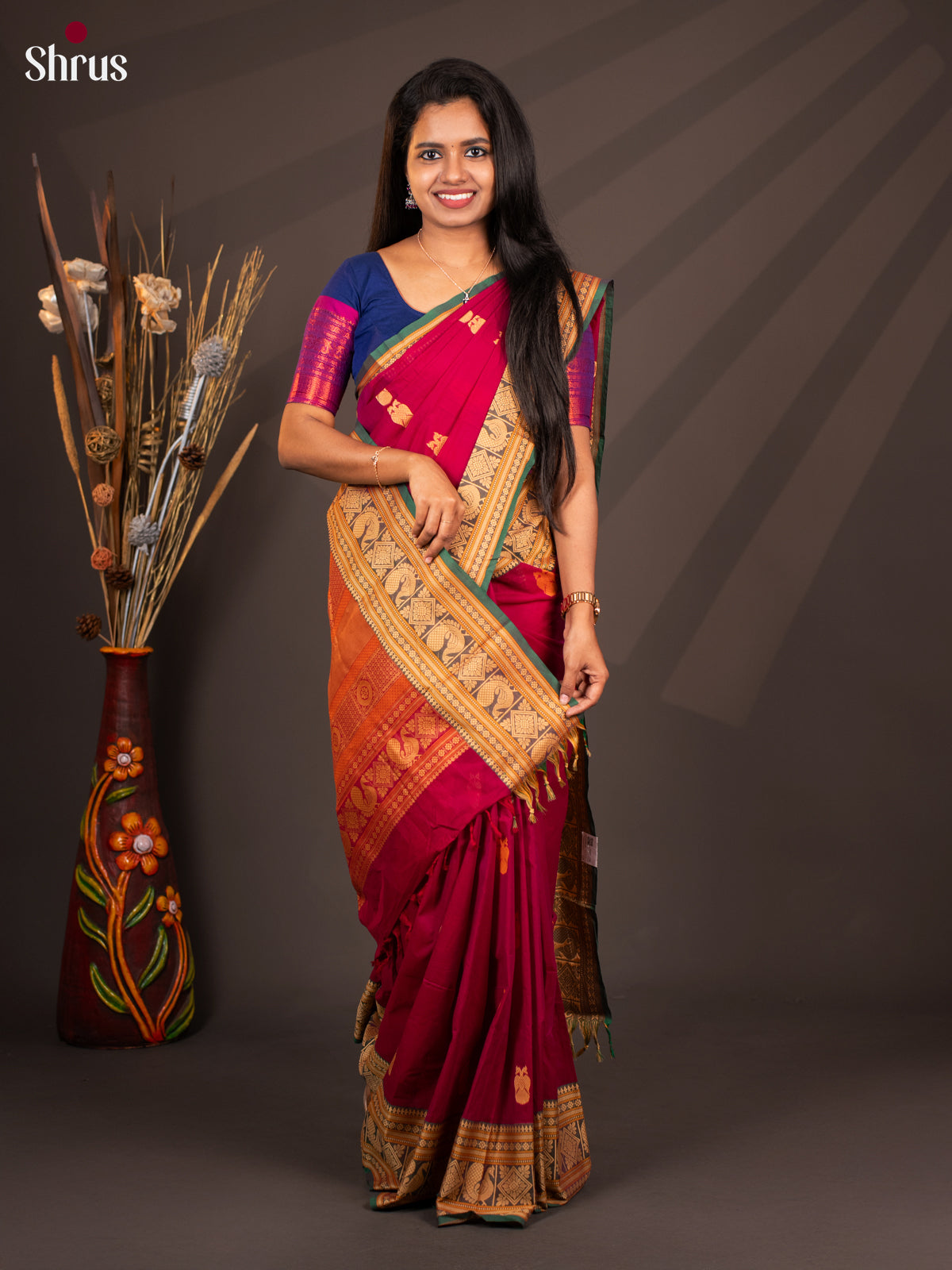 Maroon with Green - CIS28668 - Chettinad Cotton - Shop on Shrus.com